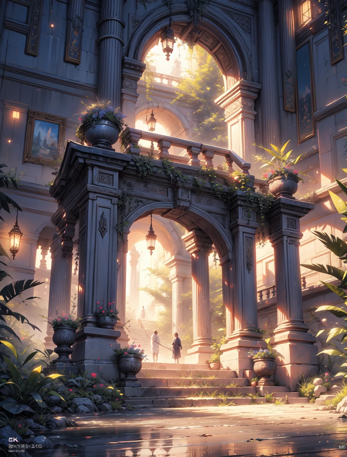 painting of an ancient tori garden, architecture , beautiful scenery, waterfall, fantasy, moonlight,((glistening look)),ghibi style, hd, High quality, water reflection, bushes,4k hd, cloud,beautiful art uhd 4 k, a beautiful artwork illustration, beautiful digital painting, highly detailed digital painting, beautiful digital artwork, detailed painting 4 k, very detailed digital painting, rich picturesque colors, gorgeous digital painting