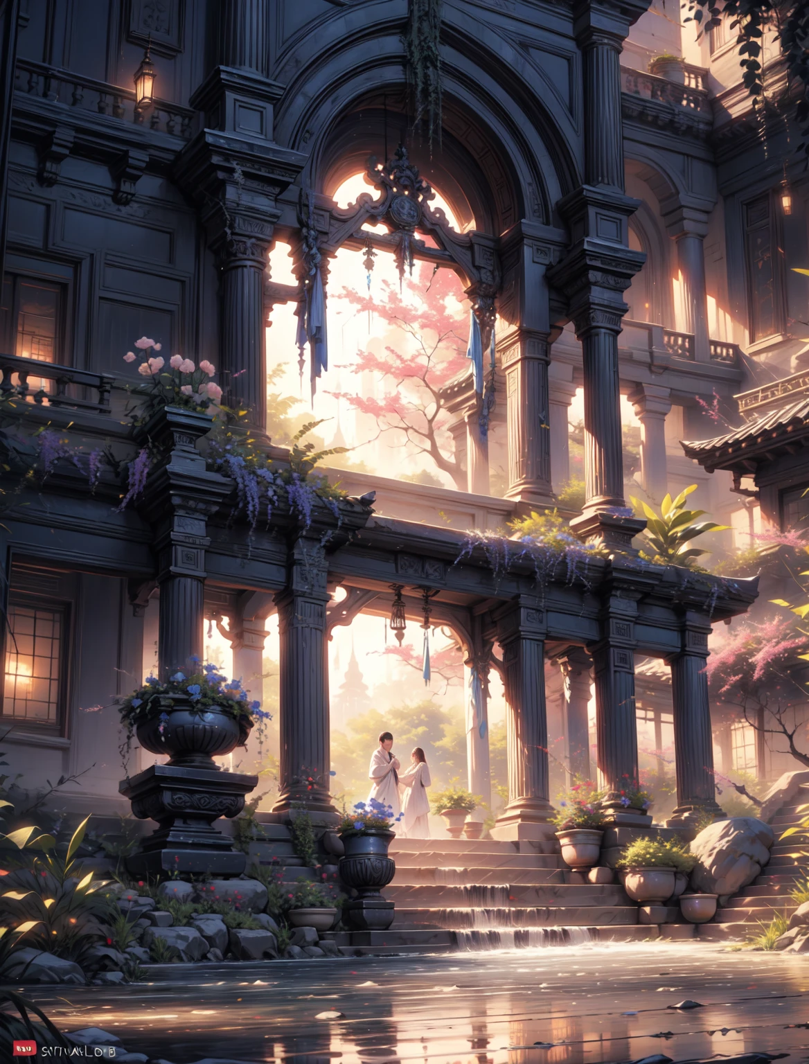 painting of an ancient tori garden, architecture , beautiful scenery, waterfall, fantasy, moonlight,((glistening look)),ghibi style, hd, High quality, water reflection, bushes,4k hd, cloud,beautiful art uhd 4 k, a beautiful artwork illustration, beautiful digital painting, highly detailed digital painting, beautiful digital artwork, detailed painting 4 k, very detailed digital painting, rich picturesque colors, gorgeous digital painting
