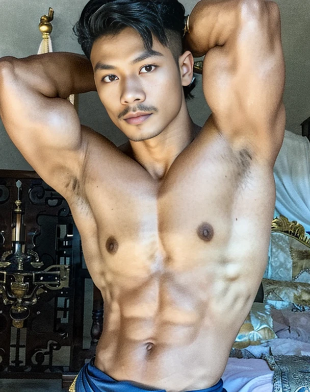 masuter piece、well built、jefri nichol a javanese Male、、Hot Guy、sexy moustache, muscular、macho、wearing majapahit kingdom costume, gold head band, gold shoulder band, gold necklace, gold crown, hair bund, long-haired、Fade Cut、bodybuilder, Large body、low angles、Real texture、wear sarong batik, sharp focus,
