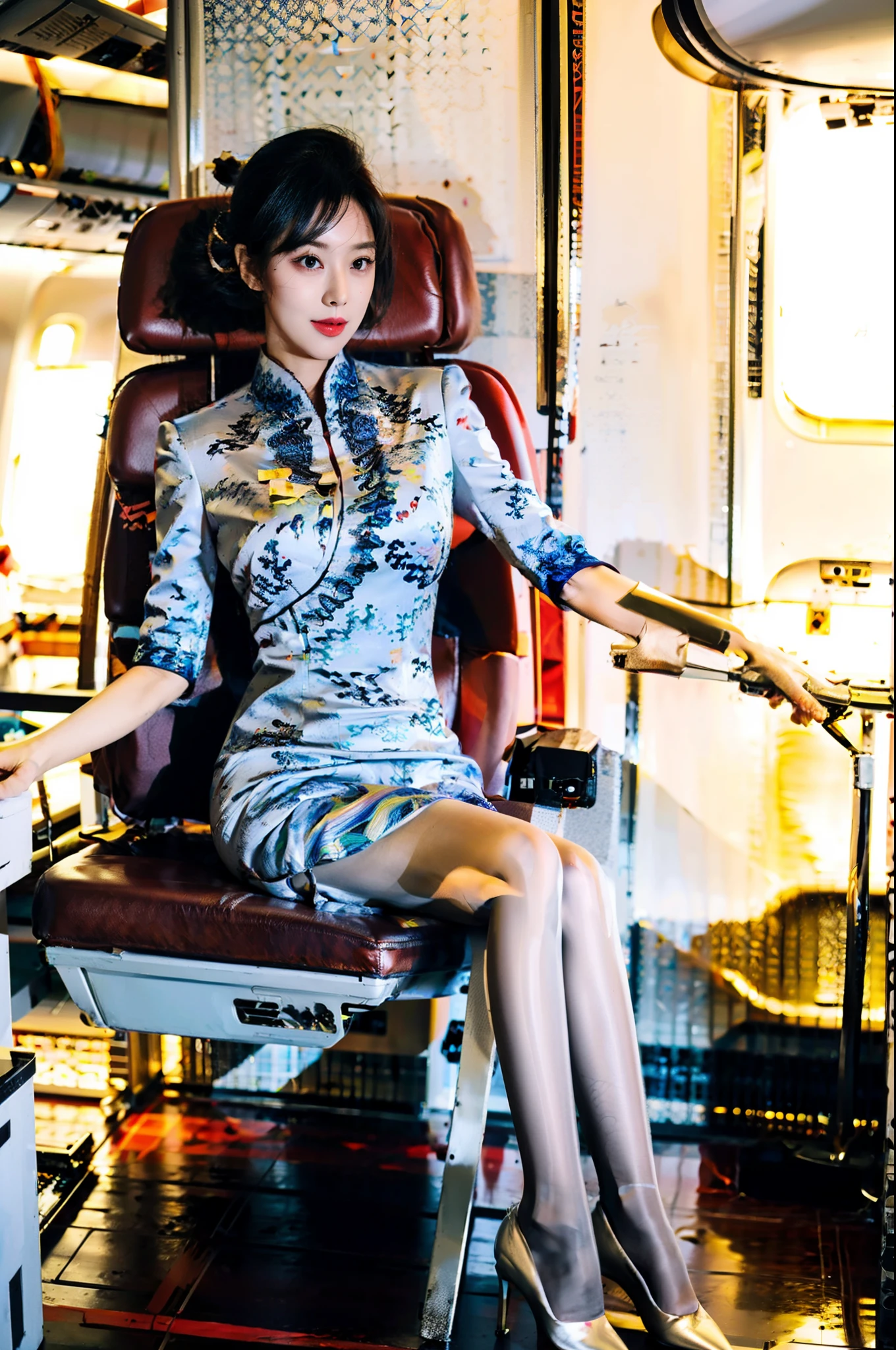 Stiletto heels，Single ball hairstyle，Heavy makeup，Redlip，White skin，mature，full bodyesbian，Long legs，You can see the whole body，Ultra-thin flesh-colored pantyhose，in an airplane，standing on your feet，Flight attendant cheongsam uniform