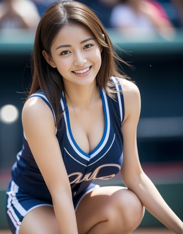 (Best Quality, 8K, 32K, masutepiece, nffsw:1.2), (1 slender woman of Japan, 28 years old, Tall gravure model), dark brown hair, Bright foreground, Professional Lighting, Photon mapping, Radio City, shading:1.3, (high-detail skin:1.2), (Huge breasts:1.3), (Shorts, exposed shoulder:1.1), squatting with legs open, ((Provocative Dynamic Poses)), (she is soaking wet), top-down view:1.5, (baseball uniform:1.1), hyperdetailed face, Detailed lips, Detailed eyes, Double eyelids, Inside the stadium, Looking Camera, (Sensual gaze on the photographer, lips slightly open), Break the clear sky, Baseball Stadium, The audience gets excited, Confetti flies, Happy smile,