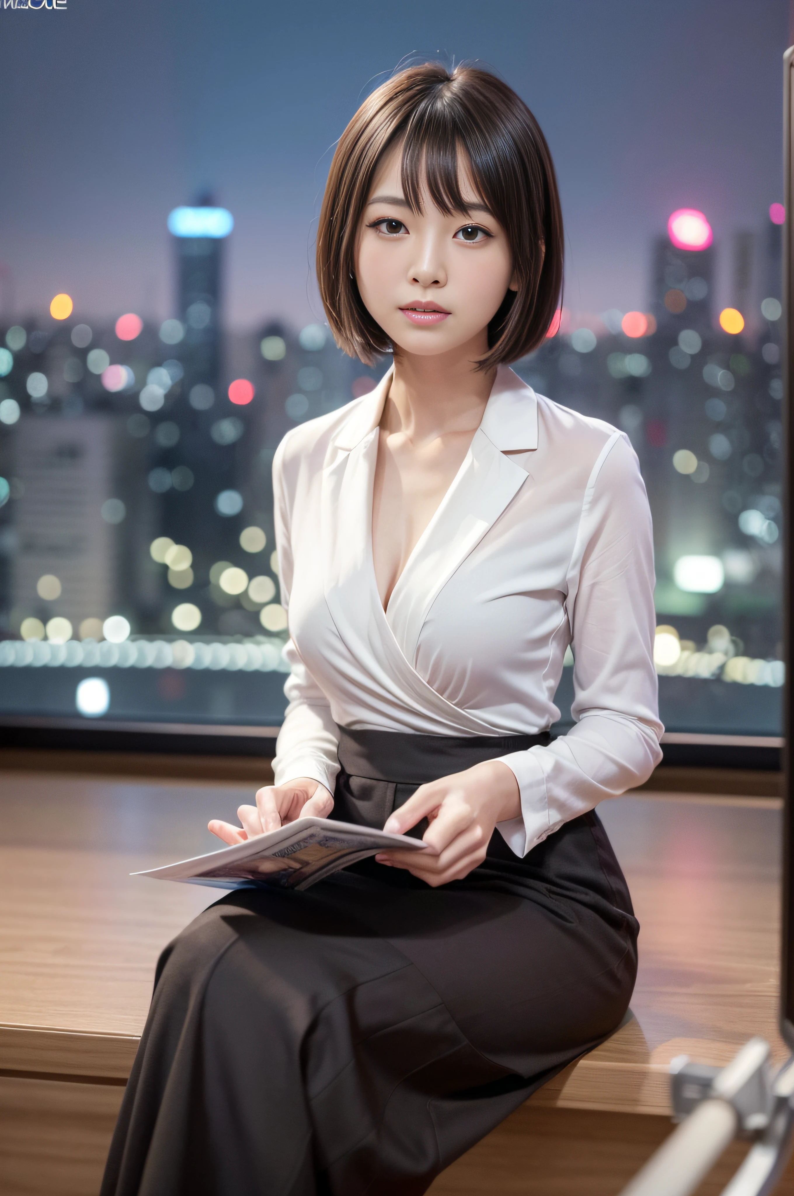 ((News broadcast studio:1.4)), newscaster, compere, A calm woman, Large wide display, (Cityscape).
Break
((Best quality, 8K, Masterpiece :1.3)), (Realistic, Photorealistic:1.4)Pretty Women with Perfect Figure :1.4, ((No underwear:1.4)), Beautiful, Smile, (Bright:1.4),, (Highly detailed face:1.2), cleavage, V-neck, (Career Slim Suit 1.4), Detailed eyes, 二重まぶた, japanese beautiful woman, Sitting, Slim:1.9, Slender, Oily skin, Shiny skin, velvet, Paper on the table, Bob cut,