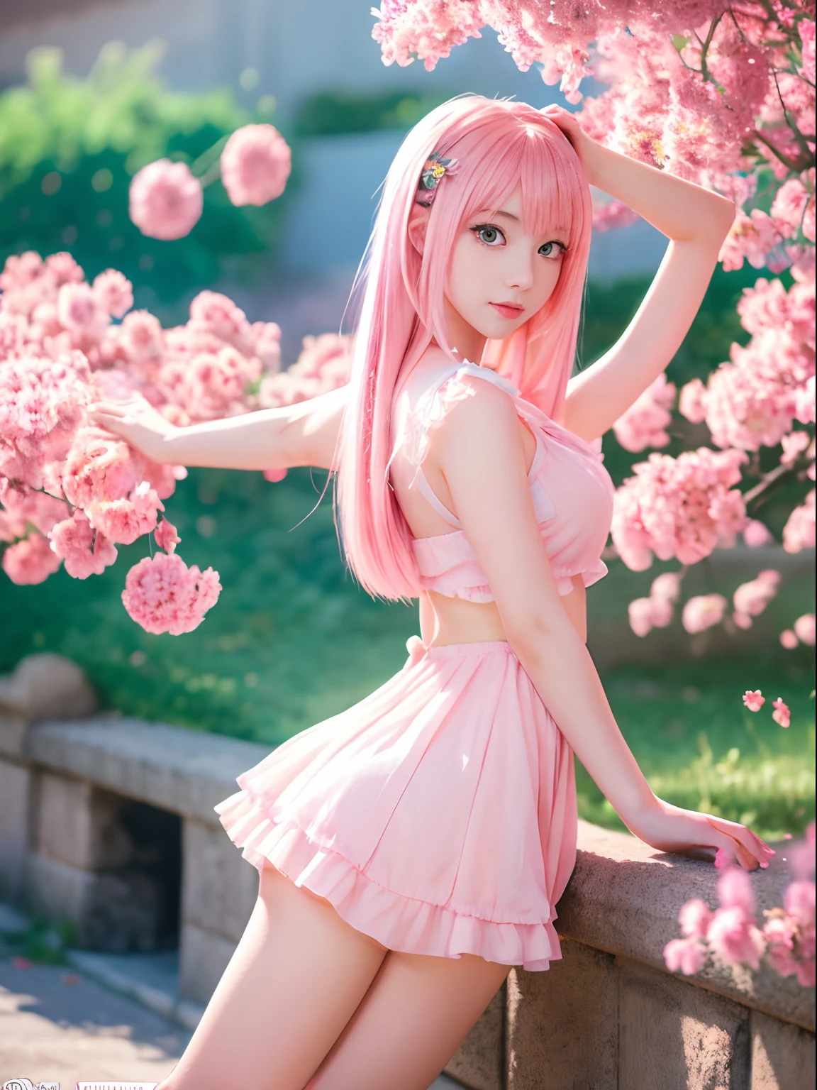 Light pink hair, Pink Eyes, Pink and white,  Vibrant colors, Ray Tracing, Wavy long hair、Strolling by the resort hotel pool、Entering the blue sky、white top bikini、One leg is visible through the pareo.,21 years old