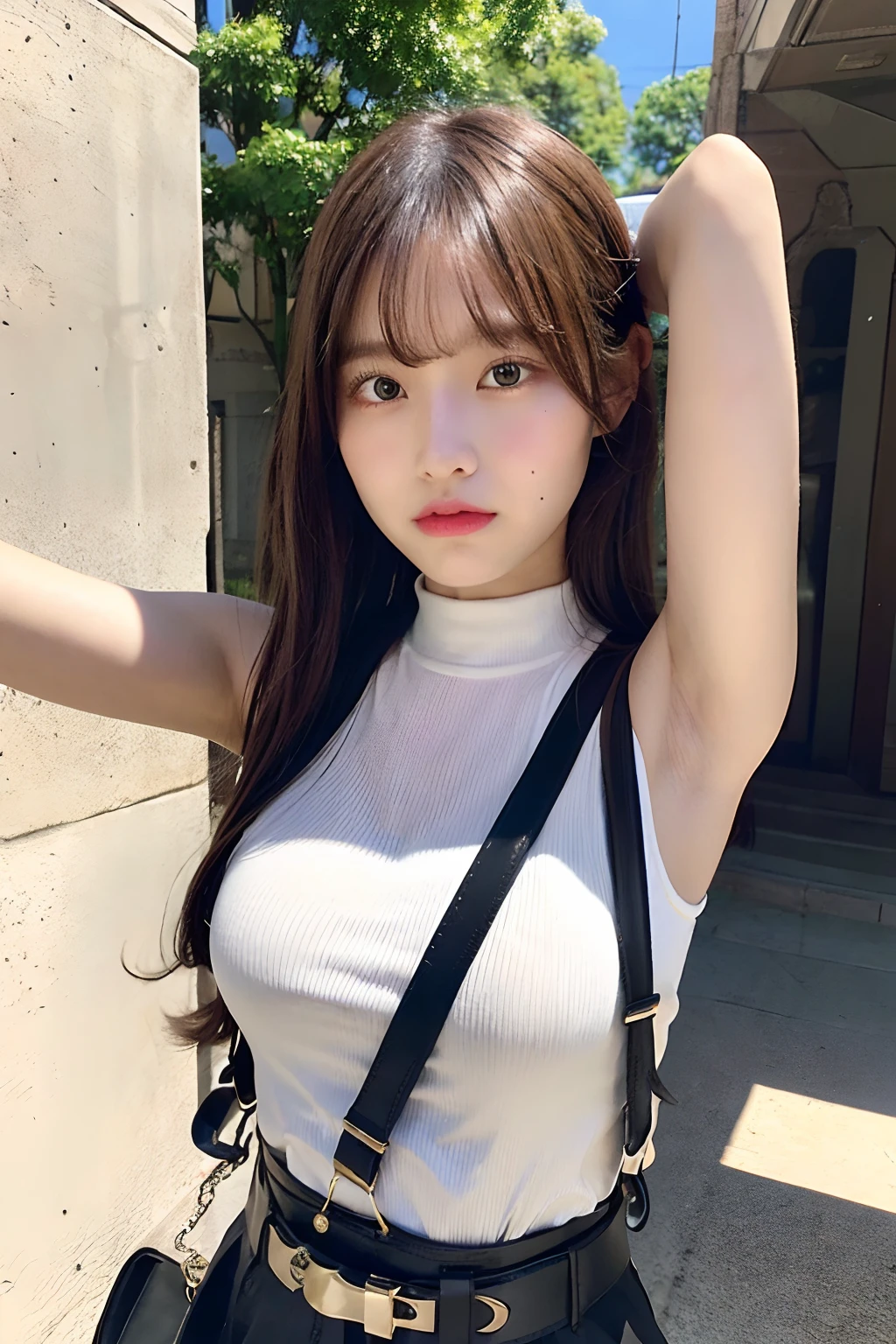 masterpiece、flat-colors、depth of fields、lens flare 1 girl、、Brown hair、watching at viewers black suspenders bulging big breasts Armpit sweat perspiring Side of both hands walls: Black miniskirt garterbelts Gaze Small face Bangs Upper Eyes flank Rat-colored eyes holster a belt