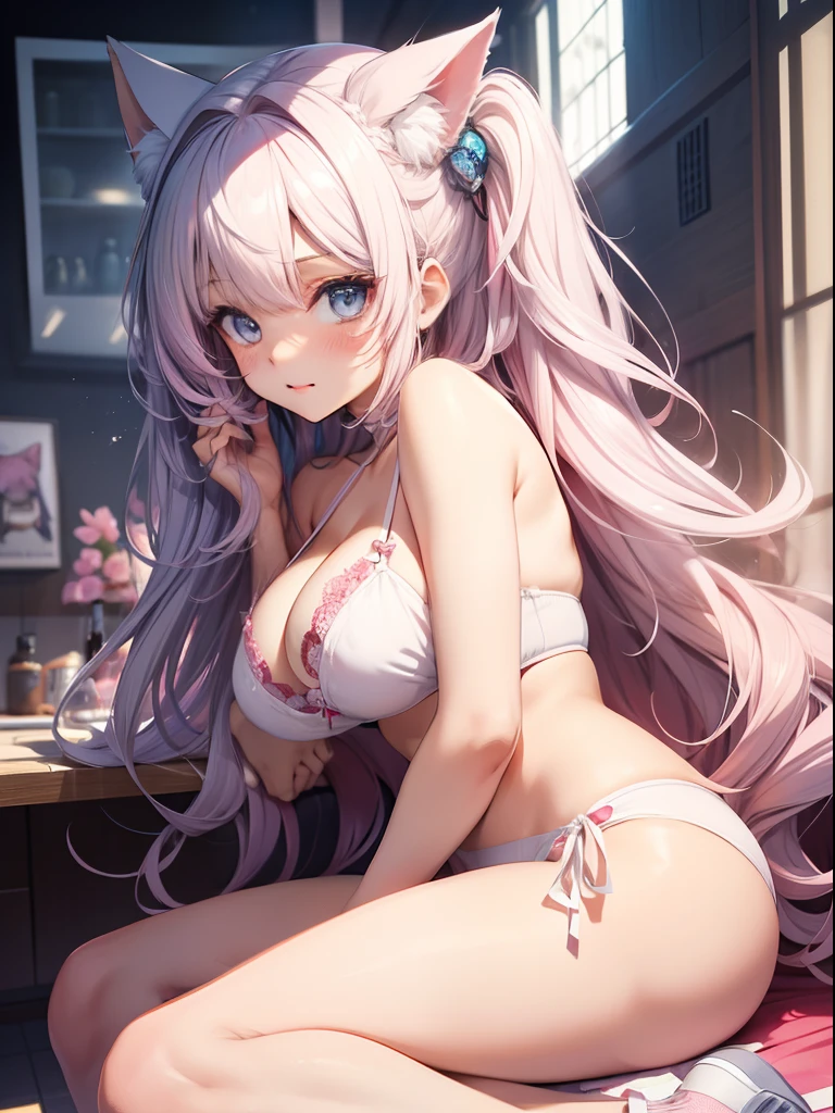 absurderes、ultra-detailliert、masterpiece、top-quality、break、Official Art、(Beautifully Aesthetic:1.2)、(watercolor paiting:Curly)、break、Devilish Beautiful Girl、a beauty girl、(kawaii:⒈3)、sixteen years old、break、colourful hair、Splash,(((Twin-tailed hairstyle)))、(Hair mixed with pink and silver:1.2)、(フラクタルアート1.3)、break、cat ear、A sexy、break、shoe、human - shaped、break、a white bikini、break、blue eyess、break、from side、Look at viewers、break、Plush bets、break、Shyness、tension、red blush、break、Showa gravure、break、Ideal style,(Pink glossy lingerie),Pearl White