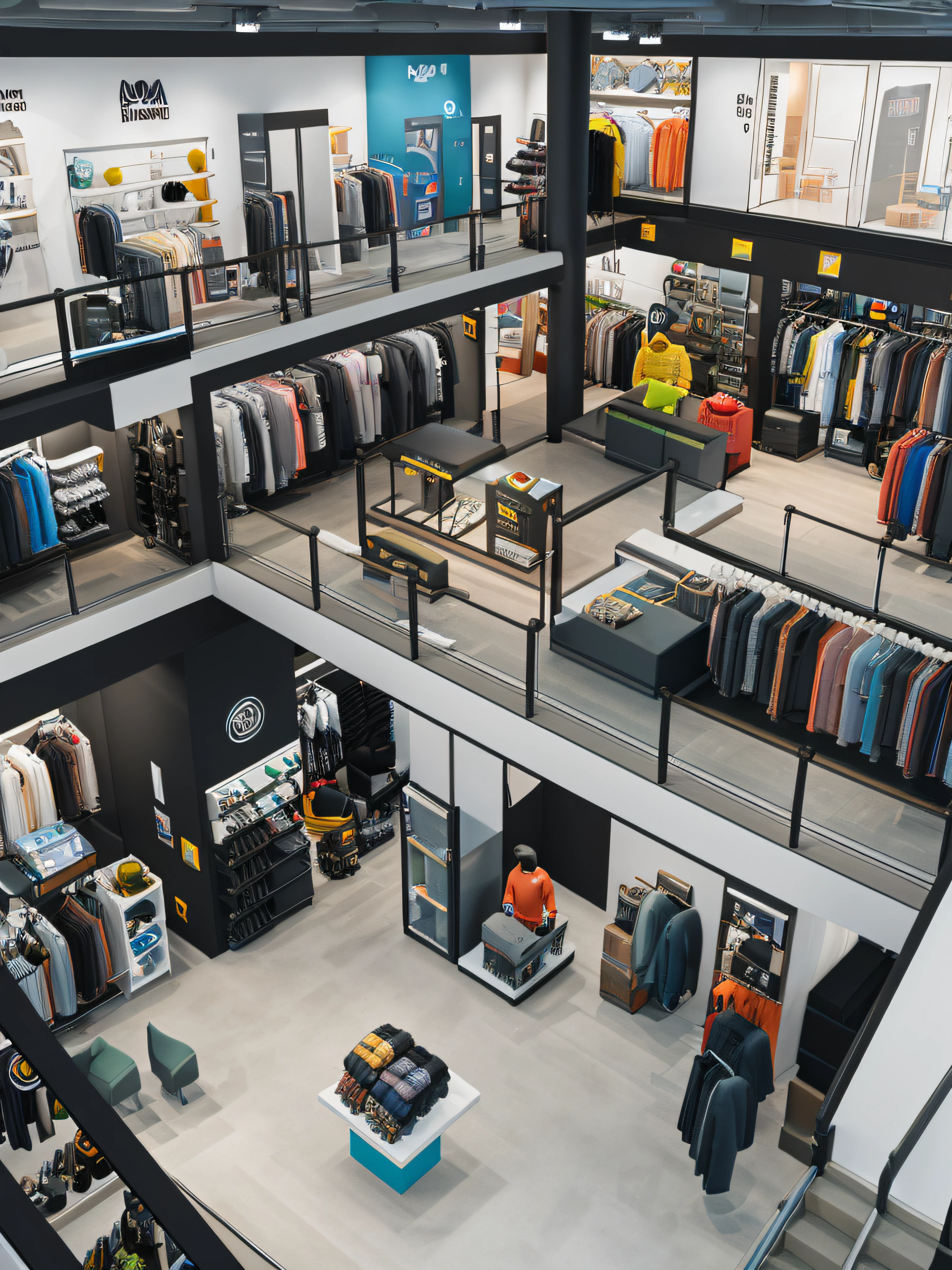 Imagine that,45-degree top-down view,Interior of the clothing store,One application uses AI to create realistic simulations of virtual environments, Allows users to explore interactive and customizable 3D scenes for a variety of purposes, As urban planning, Interior design & Professional training
