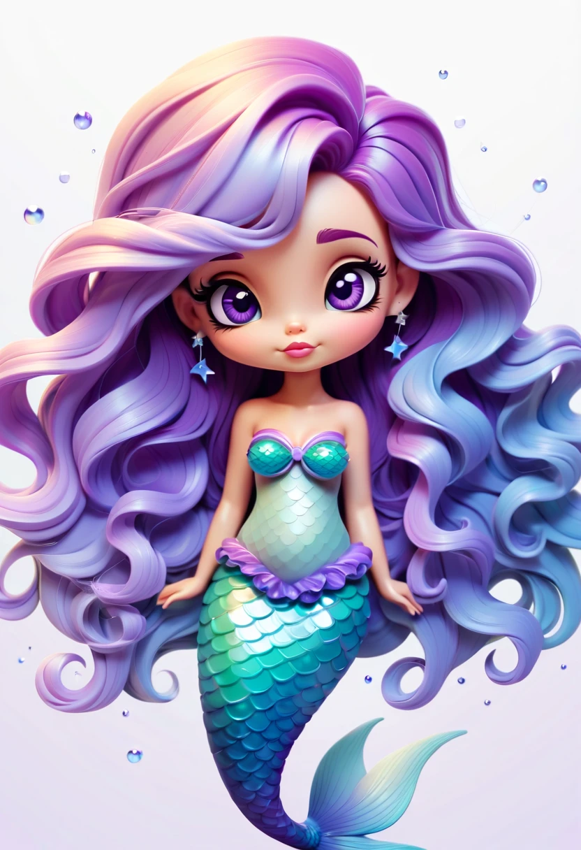 Whole body，Minimalism, flat illustration, Cute little mermaid, The mermaid closed her eyes and made a wish, Light blue to light purple gradient tail, Purple gradient long curly hair, front closeup, White background, Wear earrings, Adorkable, The color matching of advanced sense, front closeup, delicate features, big eyes, earrings, vector illustration, hair showing full, no shadows, Super HD,