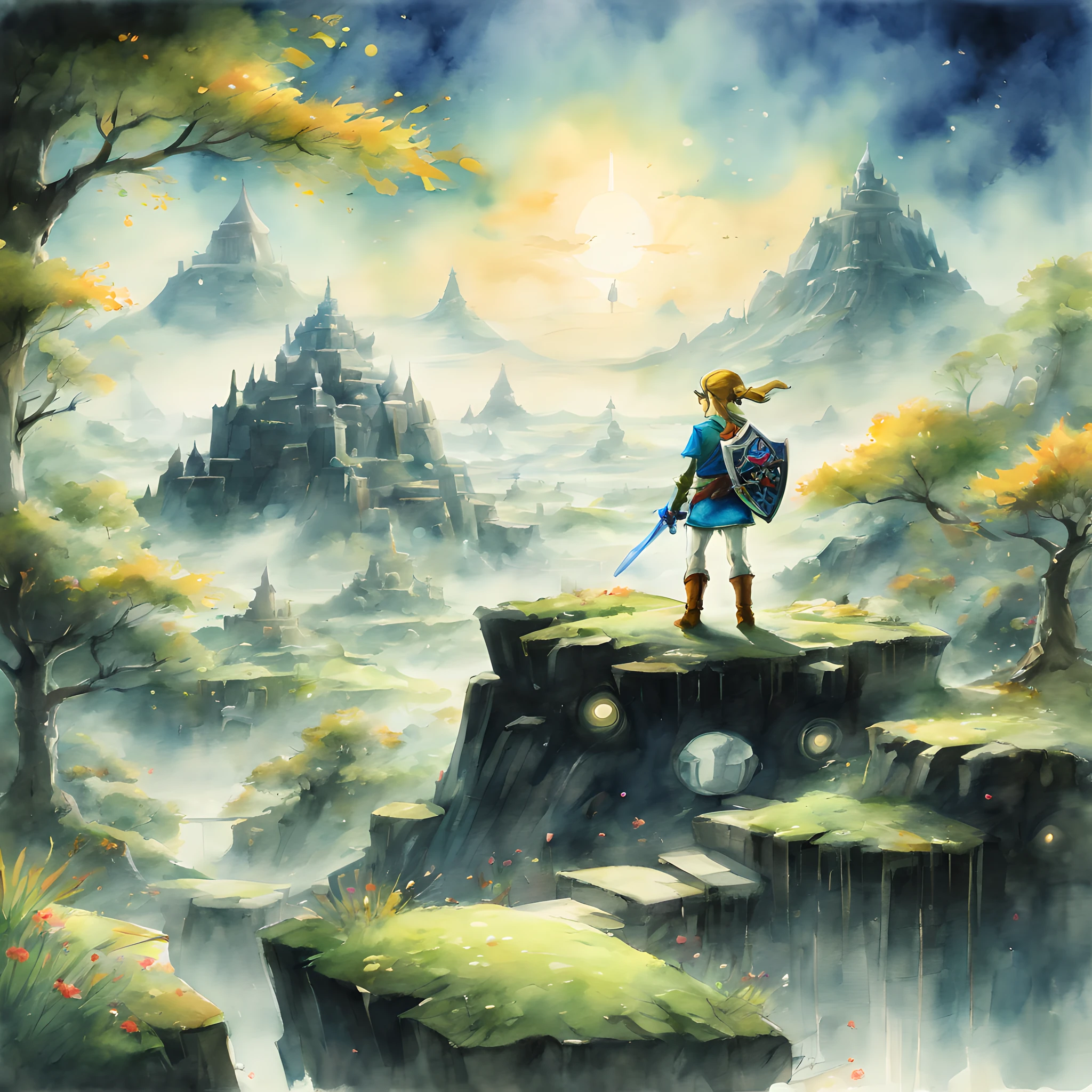 (Zelda Style Scenery:1.5), (Zelda theme:1.5), (ink and watercolor painting:1.5), (Tasteful:1.5), (ink and watercolor painting:1.5), (full color:1.5), 8k, 4k, (landscapes:1.5),