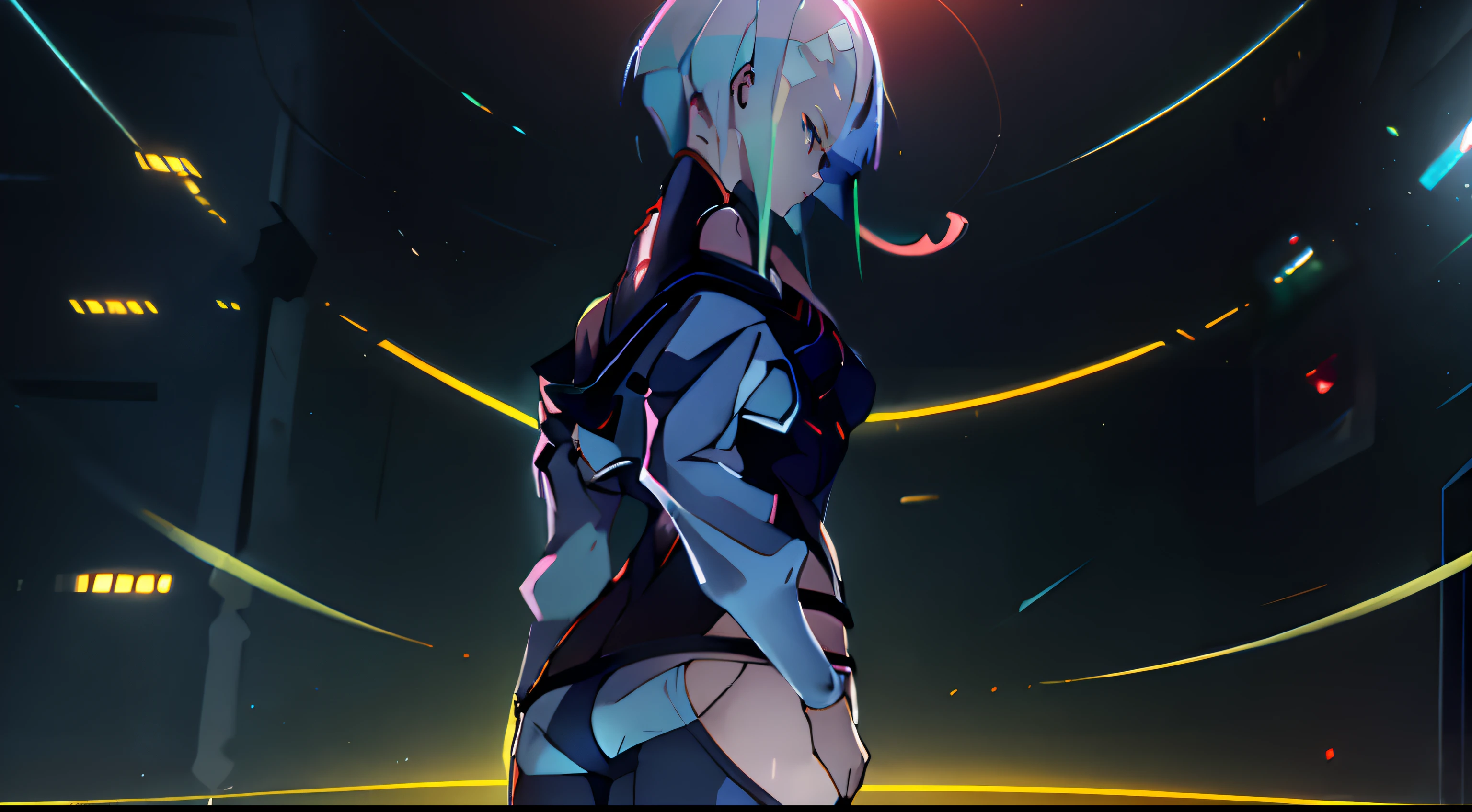 in full height, Beautiful figure, Lucy from the anime series Cyberpunk Edge Runner, a 1girl, facing the viewer, Beautiful figure (Proper Anatopy 1.1.), in full height (Body Full 1.1), Anime style, white colored hair, white colored hair, that disappear at the ends, Bob hairstyle, short white jacket, tight black suit, Cutouts on the shoulders, Cutouts on the chest, Neckline at the waist, Very detailed face, Very beautiful face, Very sexy ass, in full height (Body Full 1.1), Tall android girl, small elastic breasts, Little ass, Glitter Head Mask, Hair is gathered in a braid, Beautiful slim figure, small buttocks, A braid around the head, Round braid, Red Star in the Forehead, Short Brown Jacket, black tight suit, darkly，gris & Dark Style：1.1), Light, femininity，tmasterpiece，beste-Qualit，higly detailed，Visible to the feet， 8K resolution， High Sharp， 8K resolution， higly detailed， 8K UHD， Professional lighting， Photon mapping，physical based rendering， a perfect face， detailed face and body， ray traced， expressive look， Cinmatic Lighting，elastic small breasts, Heightened sexuality，