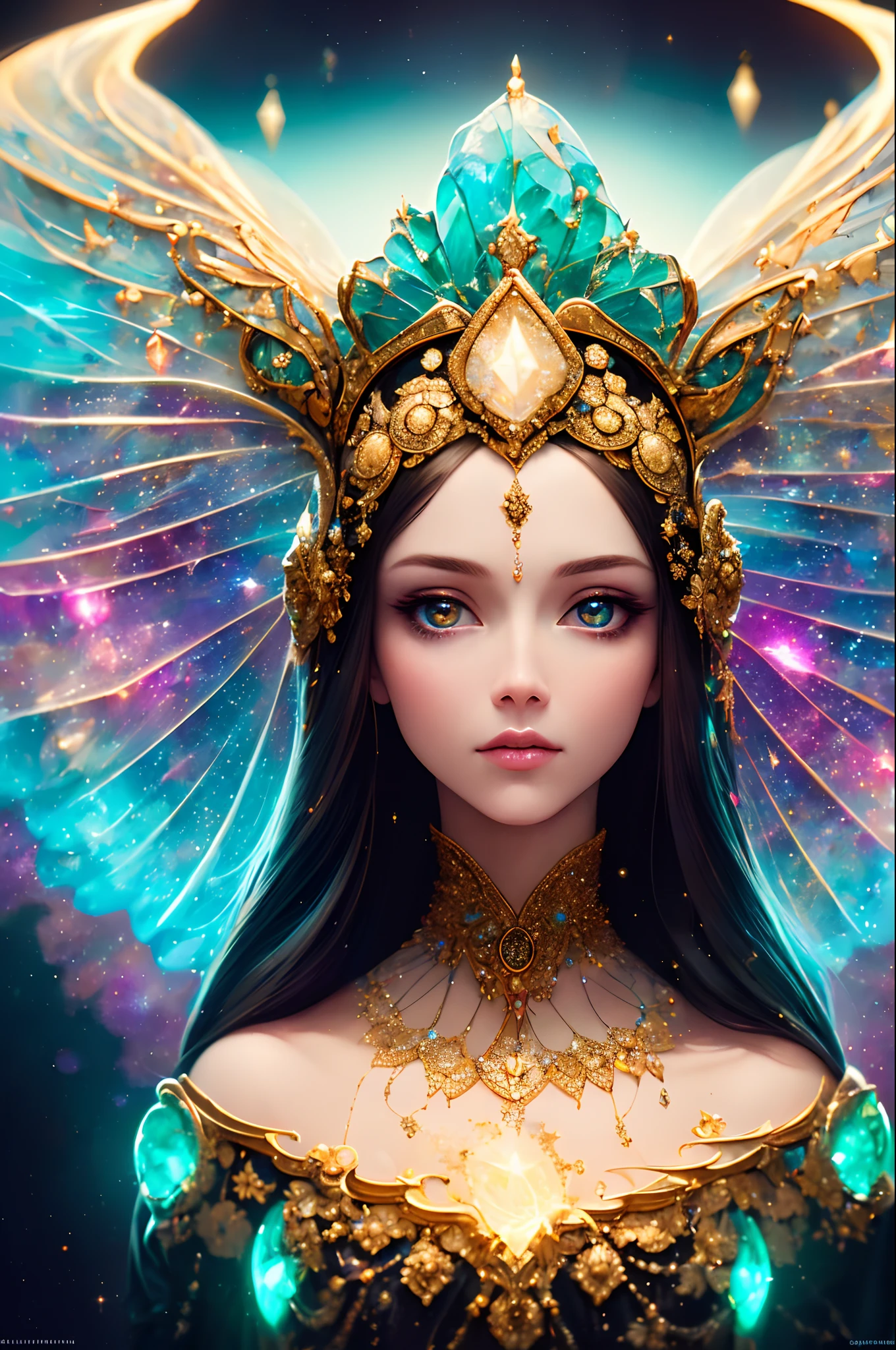 ((best quality)), ((masterpiece)), ((realistic)), portrait,
1girl, celestial, deity, goddess, light particles, halo, looking at viewer,
(bioluminescent:0.95), vibrant, colourful, color, (glowing, glow),
(beautiful composition), cinematic lighting, intricate, (symmetrical:0.5), whimsical,