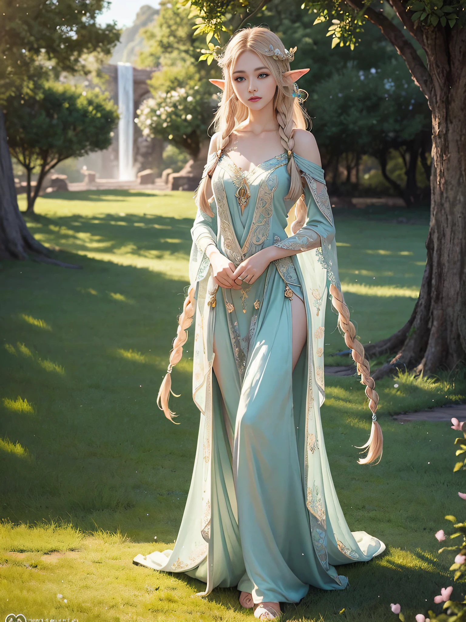 Graceful elven girl standing in meadow, Delicate face illuminated by the soft light of the setting sun. Her long, Flowing hair runs down your back, Decorated with intricate braids、Adorned with sparkling gemstones. This great photo is、、、It captures the ethereal beauty of elves. Slender figure in silk dress、Swaying in the soft steppe breeze. Attention to detail、Face that is、Face that is、Face that is、Face that is、It is evident in the intricate patterns of the dress and the subtle highlights of the luminescence. skin. The breathtaking portrayal of the elven girl is、、、、、Create an enchanting atmosphere、It invites the viewer to a magical world.