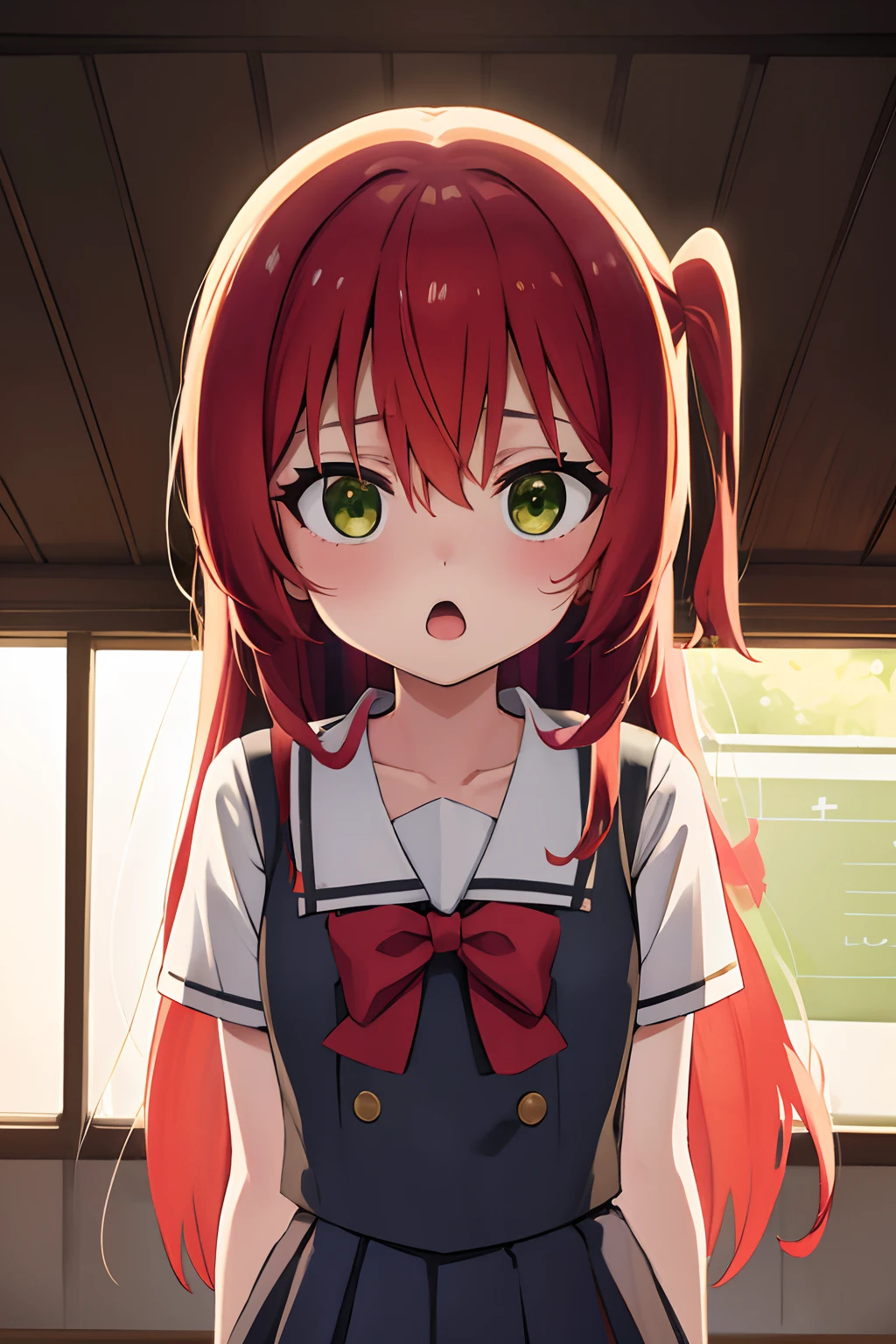 kitaikuyo, ikuyo kita, (green eyes:1.5), hair between eyes, long hair, one side up, red hair, (flat chest:1.2),
BREAK black footwear, black skirt, grey sailor collar, pleated skirt, sailor collar, school uniform, shoes, short sleeves, shuka high school uniform, skirt,,
BREAK looking at viewer,
BREAK indoors, classroom,
BREAK (masterpiece:1.2), best quality, high resolution, unity 8k wallpaper, (illustration:0.8), (beautiful detailed eyes:1.6), extremely detailed face, perfect lighting, extremely detailed CG, (perfect hands, perfect anatomy),up chest.big breasts.Sad face.open mouth.