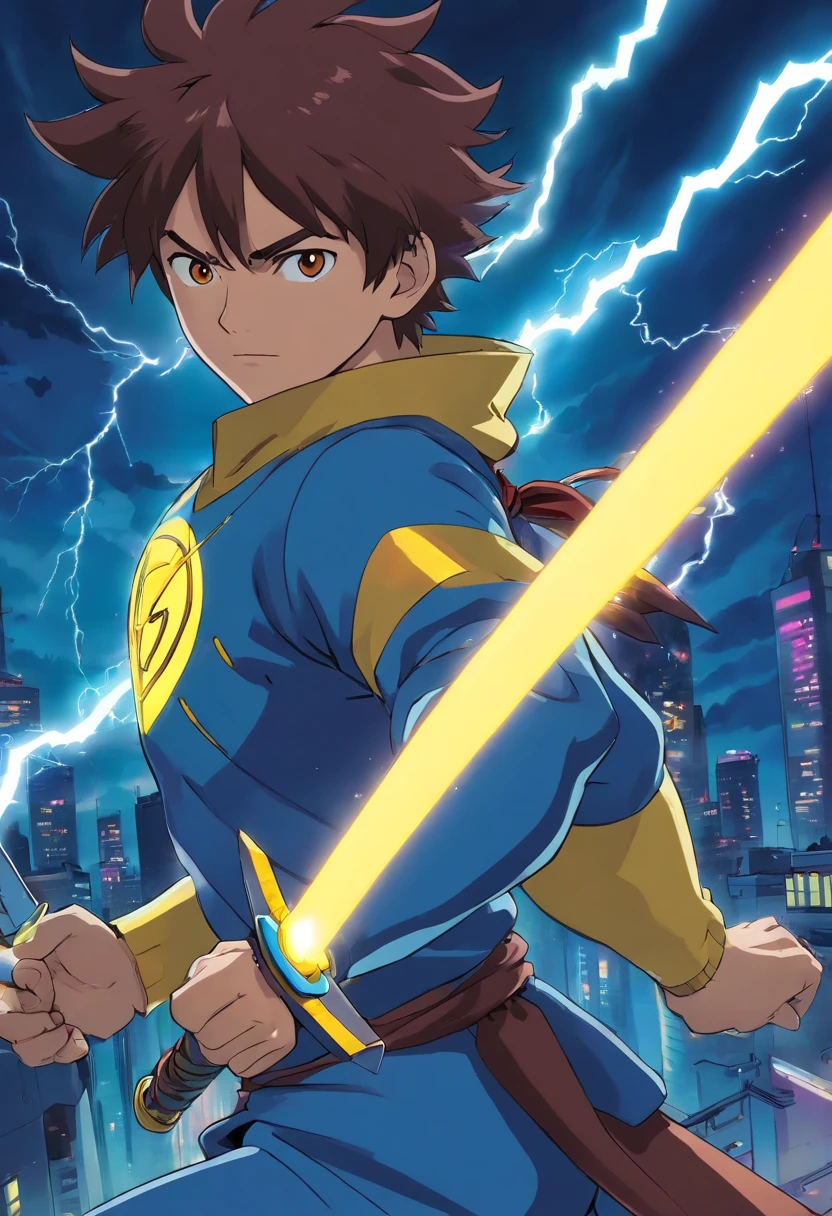 cartoon of a man with a sword and a lightning bolt, an epic anime of a energy man, this character has cryokinesis, afrofuturism anime, animation still screencap, style of jet set radio