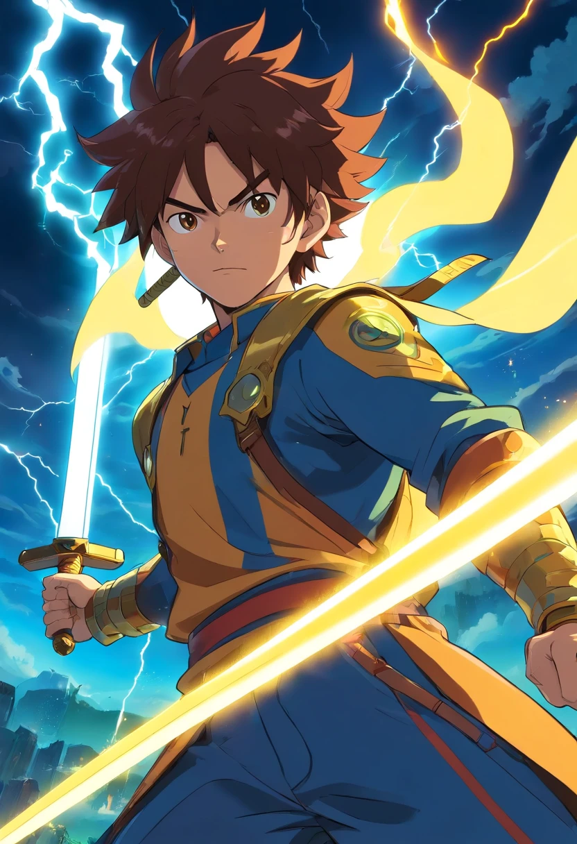 cartoon of a man with a sword and a lightning bolt, an epic anime of a energy man, this character has cryokinesis, afrofuturism anime, animation still screencap, style of jet set radio