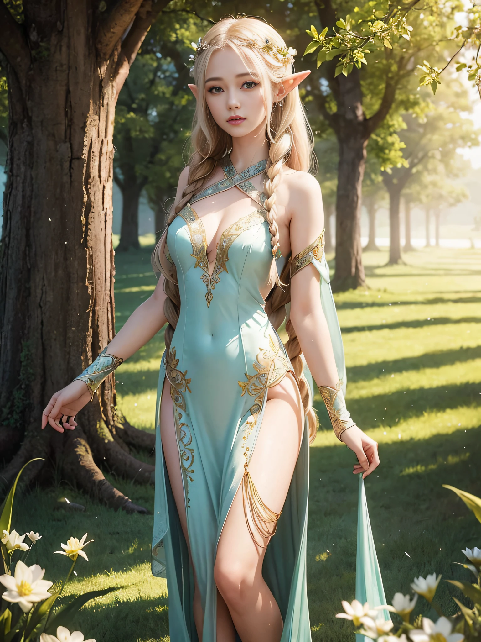 Graceful elven girl standing in meadow, Delicate face illuminated by the soft light of the setting sun. Her long, Flowing hair runs down your back, Decorated with intricate braids、Adorned with sparkling gemstones. This great photo is、、、It captures the ethereal beauty of elves. Slender figure in silk dress、Swaying in the soft steppe breeze. Attention to detail、Face that is、Face that is、Face that is、Face that is、It is evident in the intricate patterns of the dress and the subtle highlights of the luminescence. skin. The breathtaking portrayal of the elven girl is、、、、、Create an enchanting atmosphere、It invites the viewer to a magical world.