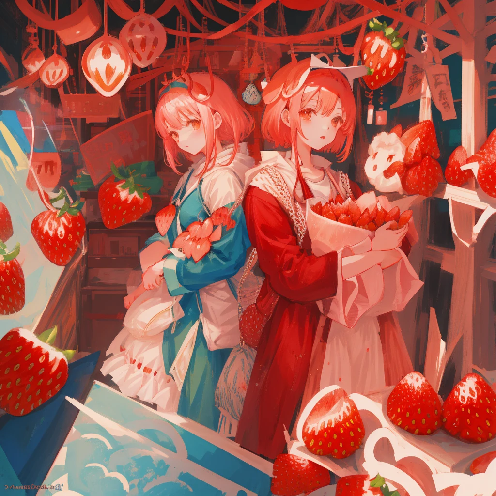 Anime characters in the store with strawberries and other items, zerochan art, by Yamagata Hiro, Strawberry control, by Yoshihiko Wada, beautiful illustration, guweiz on pixiv artstation, Author: Kamagurka, artwork in the style of guweiz, Eizan Kikukawa, trending on artstation pixiv