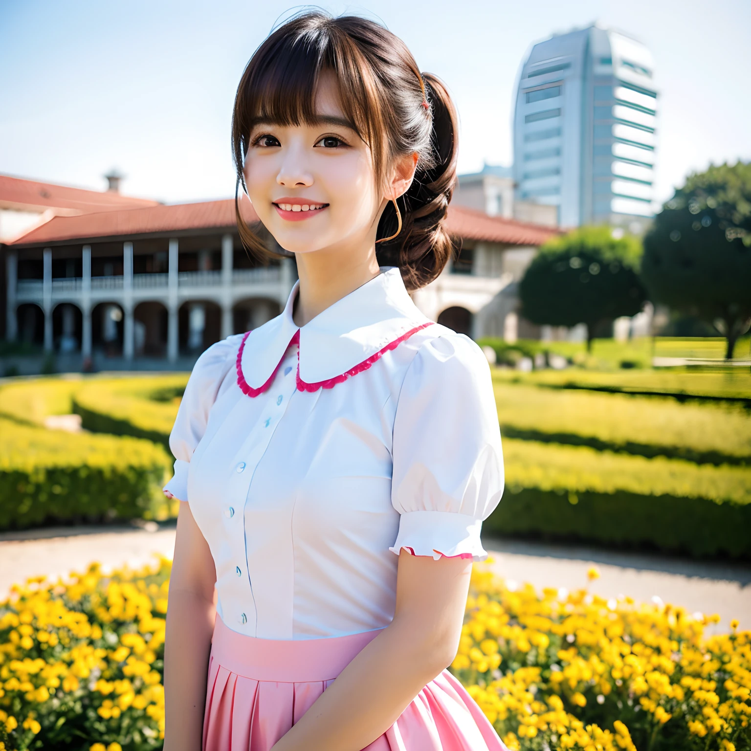 (8k, RAW photo, best quality, masterpiece:1.2), High detail RAW color photo, cinematic light,

BREAK,

1girl, cute, younger, big eyes, shiny skin, light makeup, bangs, smile, (frilled collar, dress shirt, circle skirt),