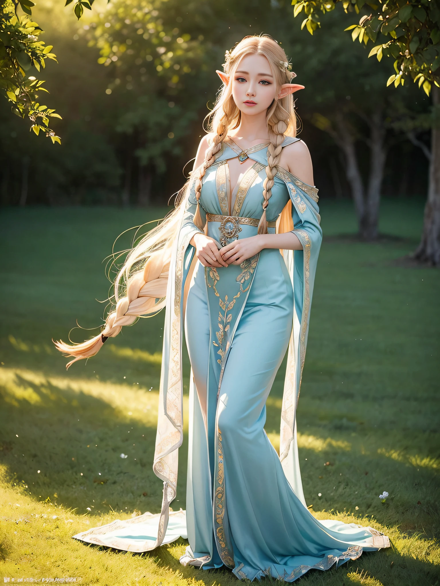 Anime elf in the forest wearing very thin cloth clothing with an excited face
