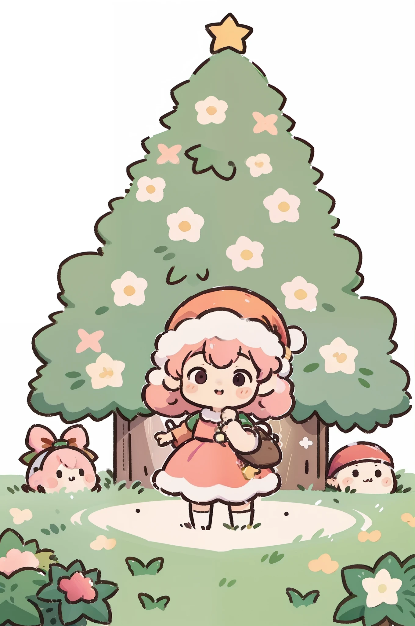 Anime girl wearing a Santa hat and dress, Christmas, Merry,  Curly pink hair, cheerful，blossoms, little elf girl, Wear a Christmas hat, Kawaii chibi, curly pink hair, tchibi, Cute Art, cute character, on amino, poofy, protect, offcial art, cute drawing, Prue, Tekamba, Kawasi