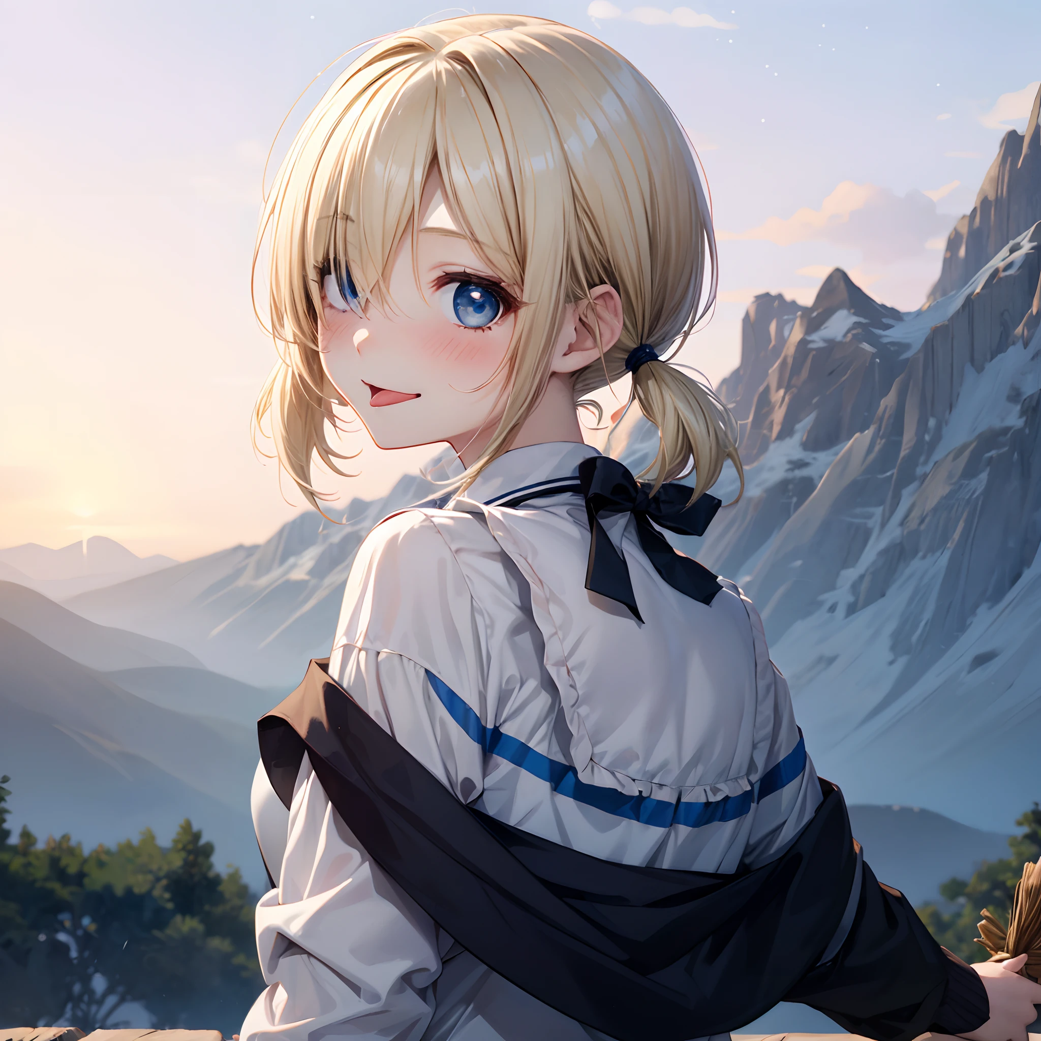 best qualtiy、masutepiece、ultra-detailliert、(1girl in:1.7)、25 years old、(deep blue eyes:1.3)、 (Blonde Short Hair Low Twin Tail:1.6)、(Close one eye:1.5)、(Stick out the tongue:1.3),Summer school uniform、Shiny hair、medium breasts、High hills、Mountain at night、shooting stars、Beautiful natural scenery、(embarrassed smile1.1)、(blush:1.2)、Looking back