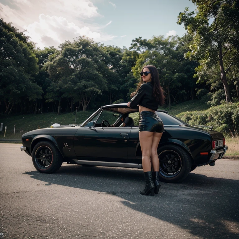 foto de um musang fastback 1969 convertible shiny polished black metal color dark black, Side angle, estilo cyberpunk, cercado de luz neon colorida, girl driving, roda grossa, roda dourada, detalhes em dourado, Woman in sunglasses driving, neon na pintura do carro, pintura reflexiva que reflete tudo ao seu redor, farol detalhado, farol muito detalhado, as detailed as possible, hiper-realistic as realistic as possible, melhor qualidade, RAW, obra-prima, foto super fina, melhor qualidade, super high res, fotorrealista, luz solar, enquadrando o carro inteiro na foto, incrivelmente bonito,, dinamic pose, foto de lado, foto diagonal, pose dinamica
