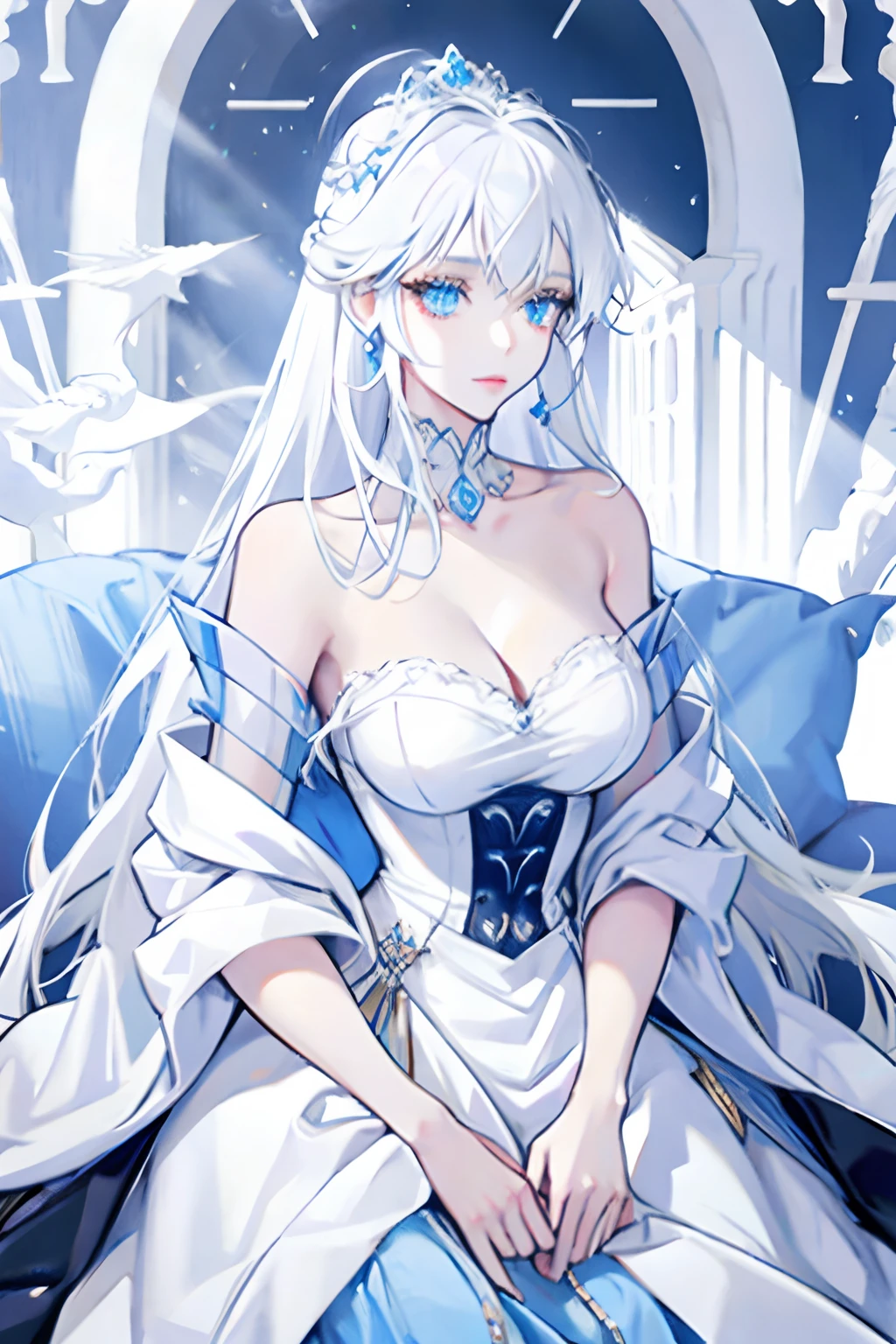 White-haired woman, light blue eyes, royalty, princess, nobility, beautiful woman, adult woman, sexy woman, white dress