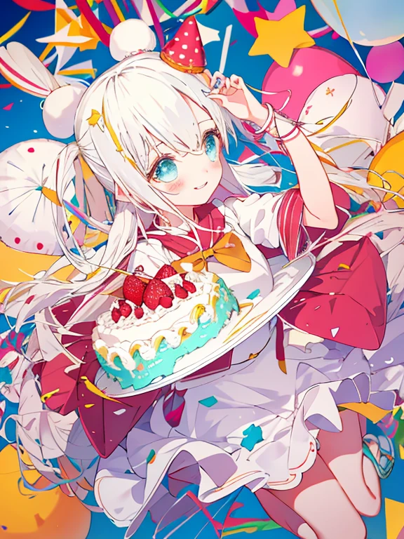 a cake、Balloons、celebration、kawaii girl、happiness、The best smile、cracker、Century