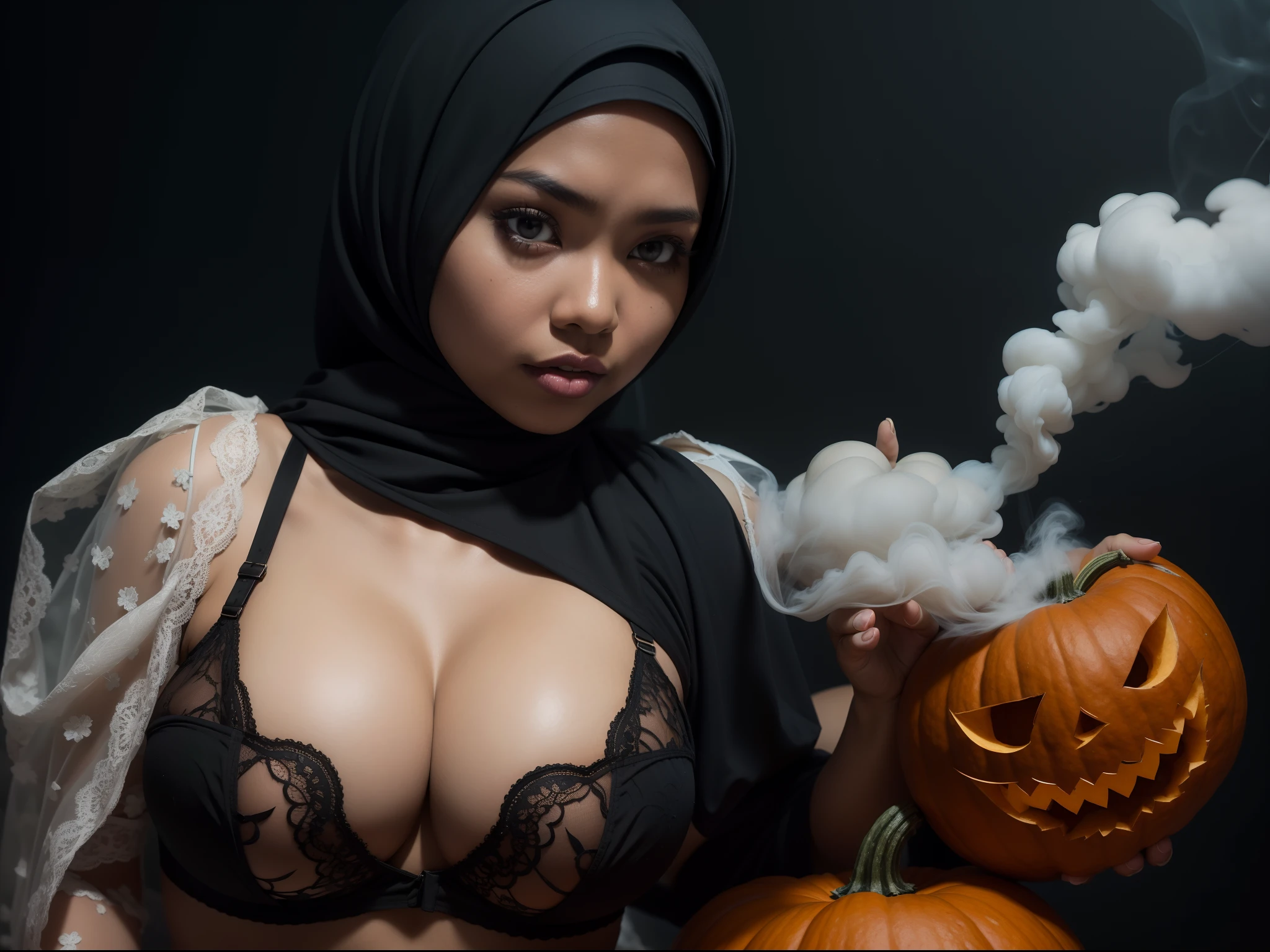 malay Girl in hijab, big boobs, white lace bra and panties, (Halloween lingerie), black background, lot of smoke effect below pumkins, (squat in big pumkins), many pumkins, spooky, autumn leaves, maple, horror, Super 8mm lense, Extreme close-up, Deep Focus cinematography effect, ultra detailed, high quality, 8k,