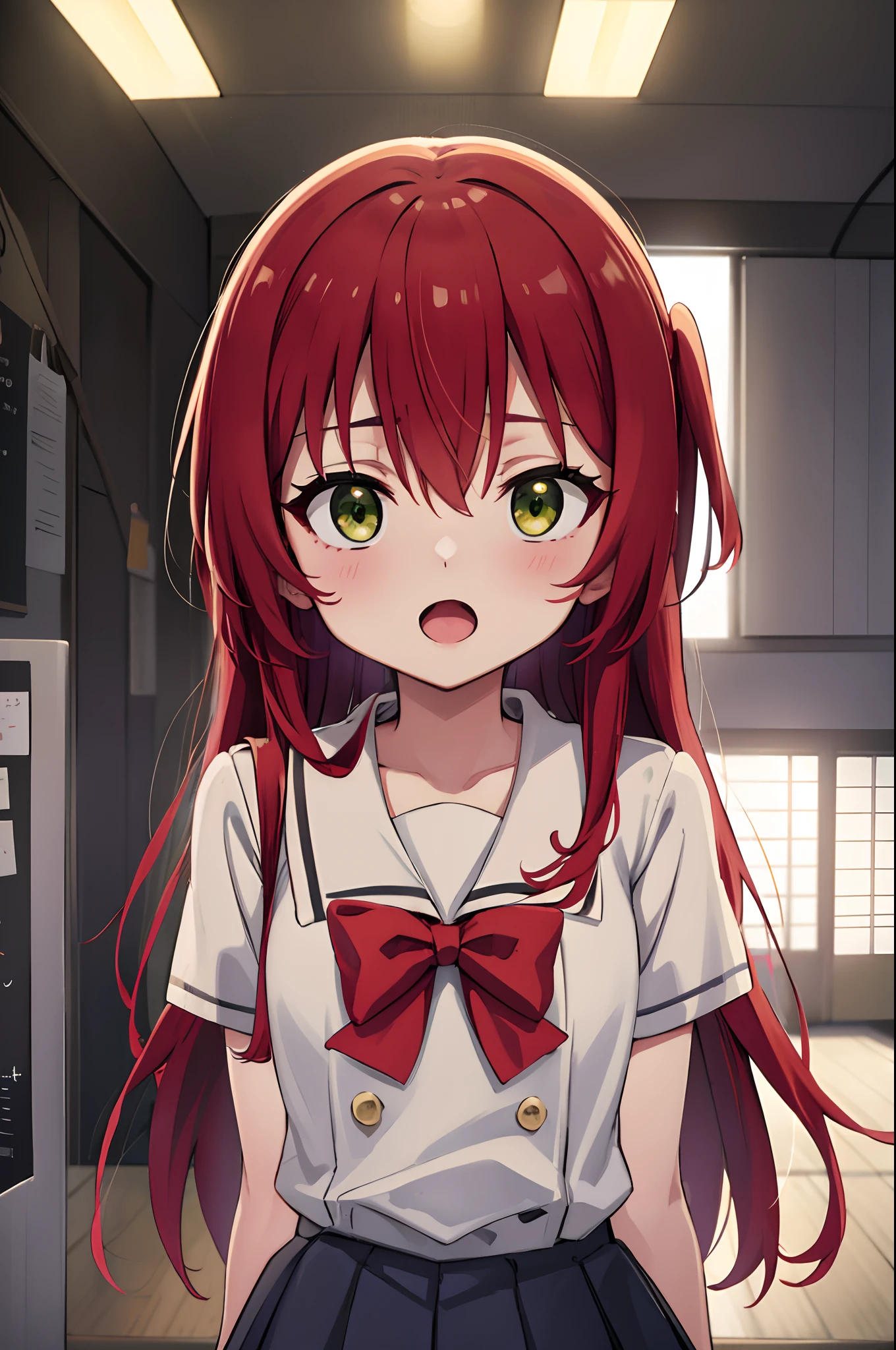 kitaikuyo, ikuyo kita, (green eyes:1.5), hair between eyes, long hair, one side up, red hair, (flat chest:1.2),
BREAK black footwear, black skirt, grey sailor collar, pleated skirt, sailor collar, school uniform, shoes, short sleeves, shuka high school uniform, skirt,,
BREAK looking at viewer,
BREAK indoors, classroom,
BREAK (masterpiece:1.2), best quality, high resolution, unity 8k wallpaper, (illustration:0.8), (beautiful detailed eyes:1.6), extremely detailed face, perfect lighting, extremely detailed CG, (perfect hands, perfect anatomy),up chest.big breasts.Sad face.open mouth.