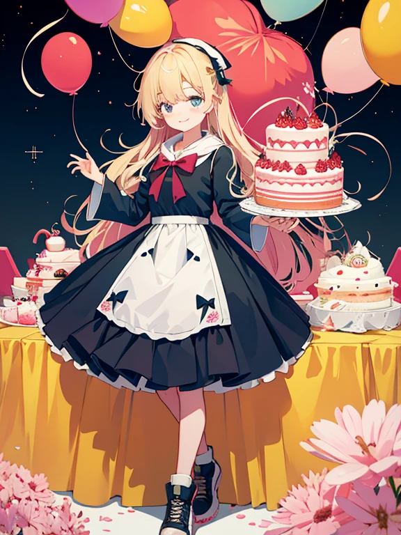 a cake、Balloons、celebration、kawaii girl、happiness、The best smile、cracker、century, full height