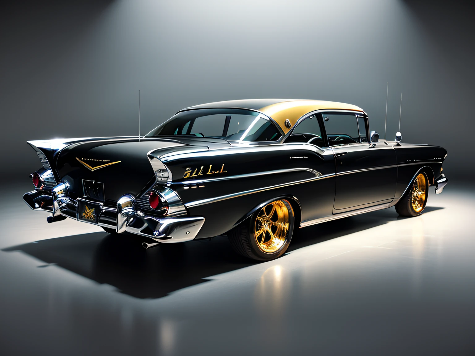 1959 Chevrolet Bel Air, STAR WHEEL, WIDE WHEEL, METALLIC BLACK COLOR, LIGHTED HEADLIGHTS, DARK WINDOWS, GOLD ACCENTS, GOLD TRIM, SUNROOF, SIDE EXHAUSTS, FIRE DESIGN ON THE FRONT HOOD.