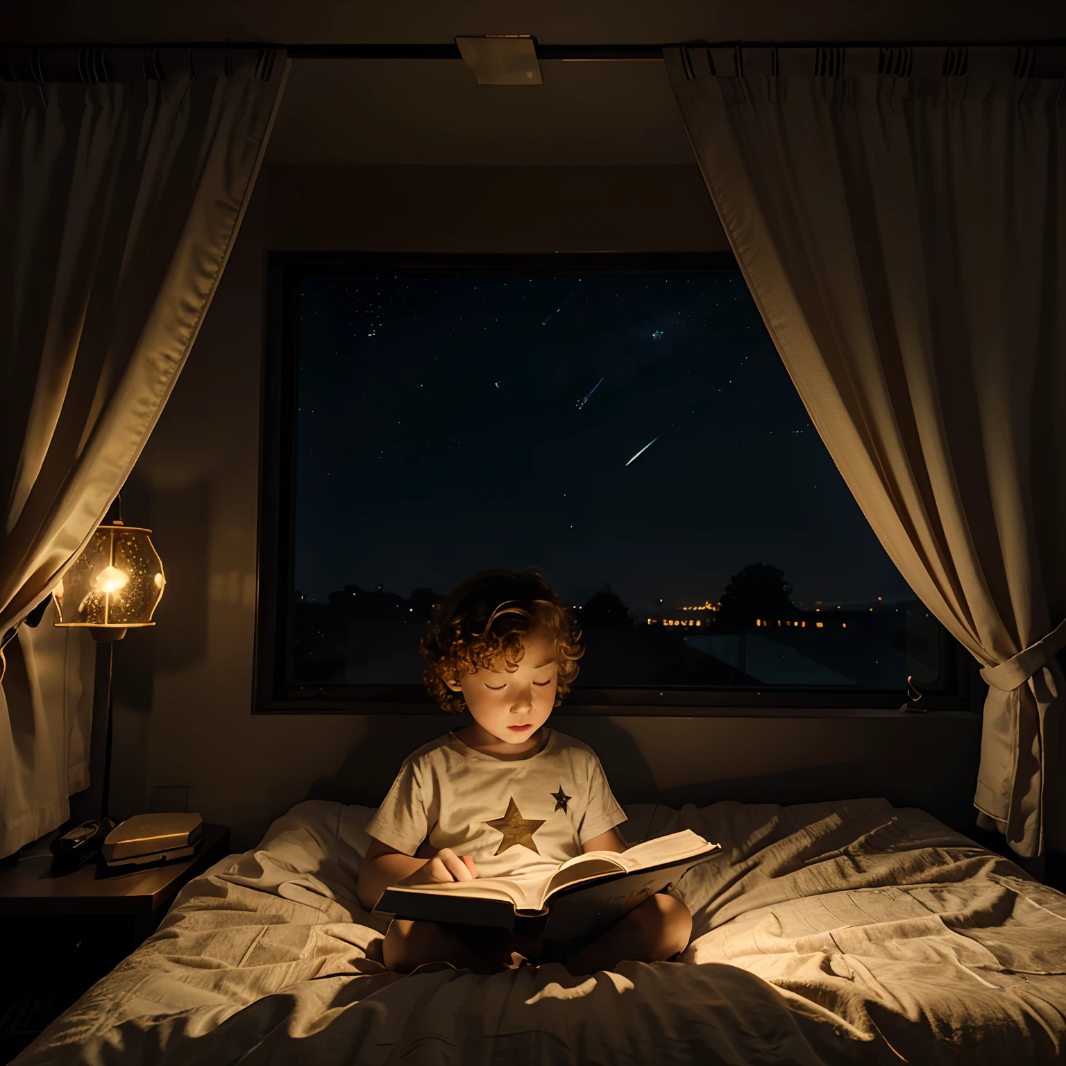 a with curly golden hair, reading in his room at night with the stars in view in a cartoon style picture.