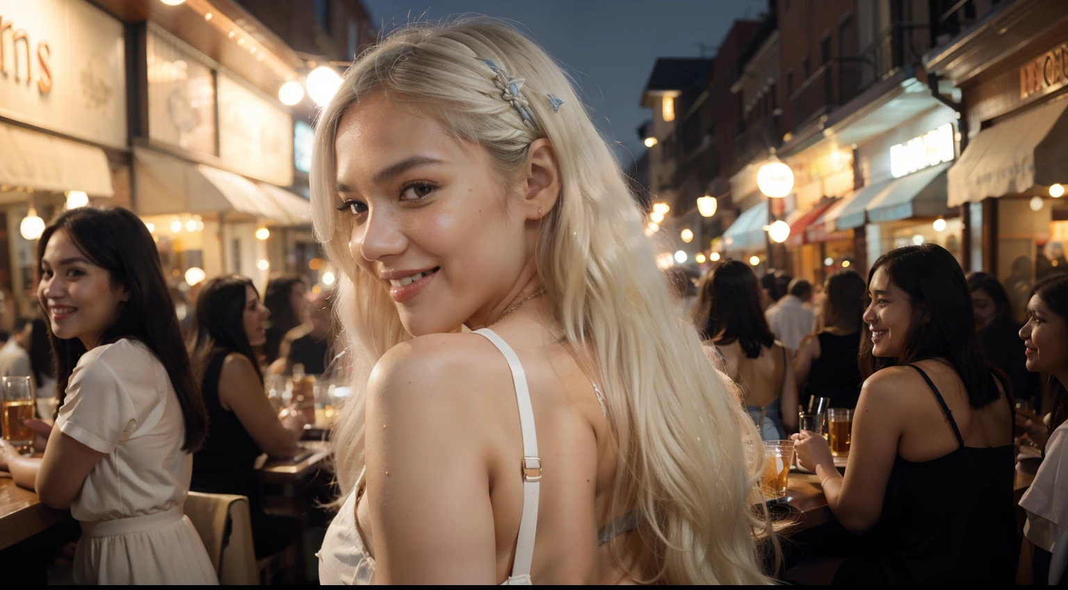 Malay girl, very long white hair,wear soft blue Mini peplum Dress , laughing and posing with hand on head, touching her own head, wear handbag, from back view, windy, detail skin, age spot, detail skin texture, mole below eyes, small breast, flat chest, wide hips, small waists, thick thighs, thick legs, beer belly, beautiful body, nighttime, laughing, happy, bright lighting, crowded cafe, blur background, bokeh, high quality, ultra detail, 8k, photorealistic, movie shot framing, cinematic,