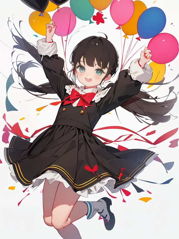 a cake、Balloons、celebration、kawaii girl、happiness、The best smile、cracker、century, full height, jump