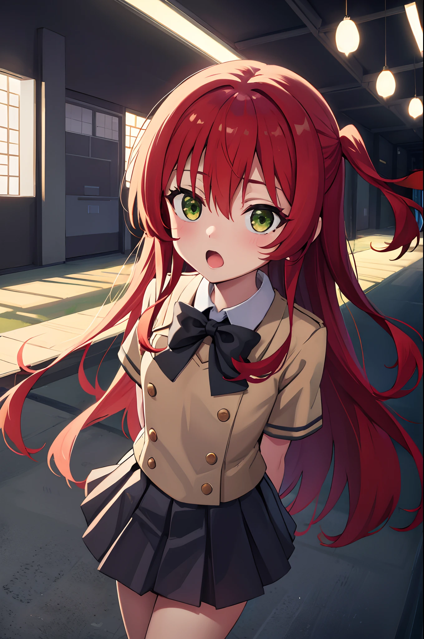 kitaikuyo, ikuyo kita, (green eyes:1.5), hair between eyes, long hair, one side up, red hair, (flat chest:1.2),
BREAK black footwear, black skirt, grey sailor collar, pleated skirt, sailor collar, school uniform, shoes, short sleeves, shuka high school uniform, skirt,,
BREAK looking at viewer,
BREAK indoors, classroom,
BREAK (masterpiece:1.2), best quality, high resolution, unity 8k wallpaper, (illustration:0.8), (beautiful detailed eyes:1.6), extremely detailed face, perfect lighting, extremely detailed CG, (perfect hands, perfect anatomy),up chest.big breasts.Sad face.open mouth.