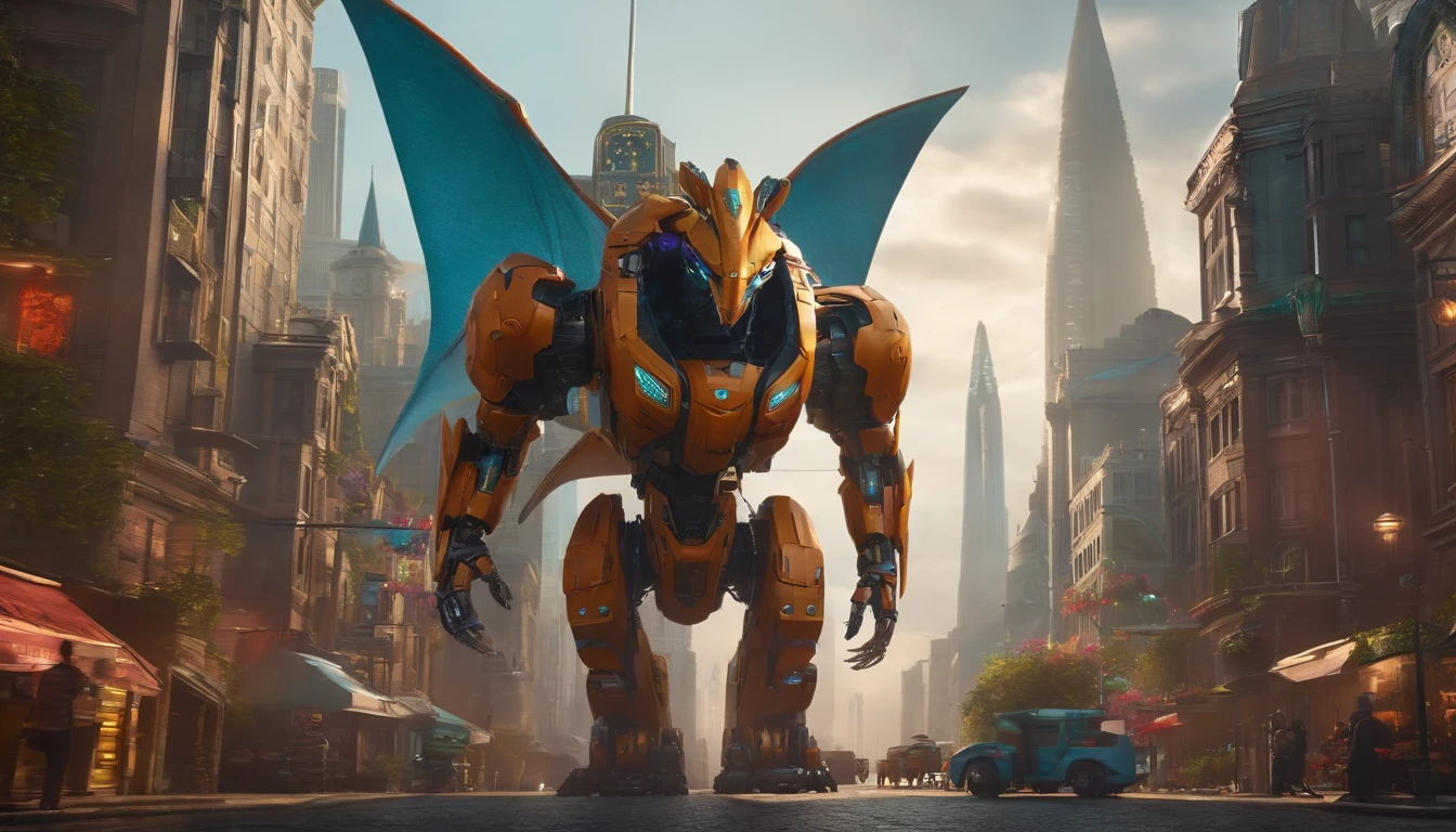Tall robots stand in the middle of the city,In the distance, a dragon-shaped monster roared
