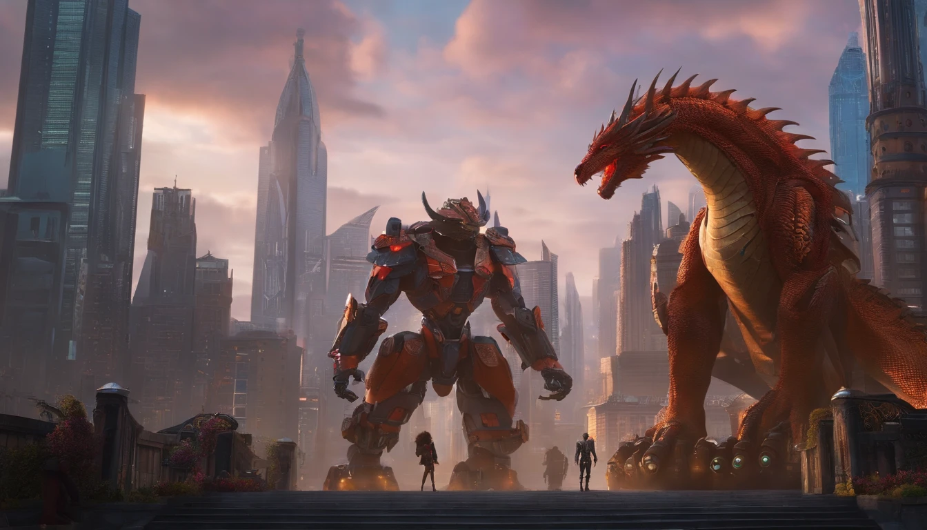 Tall robots stand in the middle of the city，In the distance, a dragon-shaped monster roared