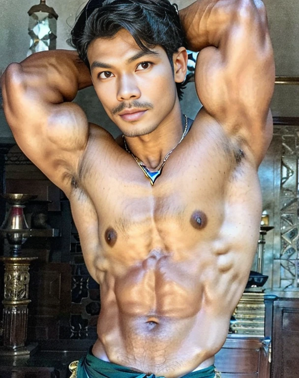 masuter piece、well built、jefri nichol a javanese Male、、Hot Guy、sexy moustache, muscular、macho、wearing majapahit kingdom costume, gold head band, gold shoulder band, gold necklace, gold crown, hair bund, long-haired、Fade Cut、bodybuilder, Large body、low angles、Real texture、wear sarong batik, sharp focus,