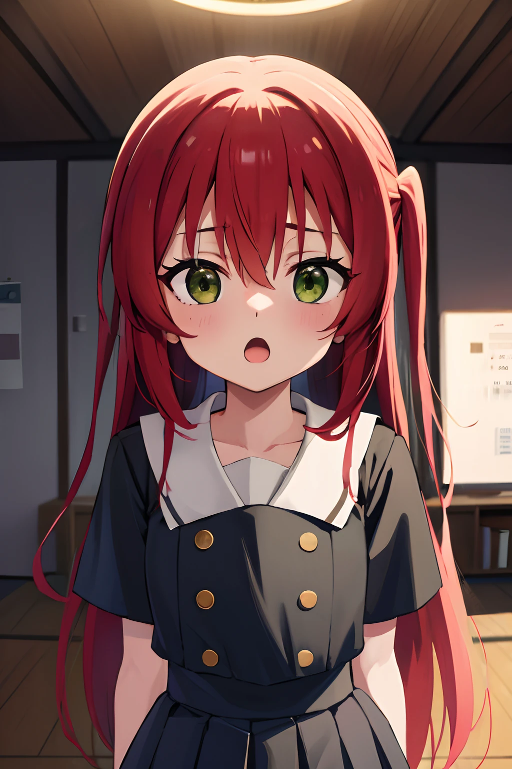 kitaikuyo, ikuyo kita, (green eyes:1.5), hair between eyes, long hair, one side up, red hair, (flat chest:1.2),
BREAK black footwear, black skirt, grey sailor collar, pleated skirt, sailor collar, school uniform, shoes, short sleeves, shuka high school uniform, skirt,,
BREAK looking at viewer,
BREAK indoors, classroom,
BREAK (masterpiece:1.2), best quality, high resolution, unity 8k wallpaper, (illustration:0.8), (beautiful detailed eyes:1.6), extremely detailed face, perfect lighting, extremely detailed CG, (perfect hands, perfect anatomy),up chest.big breasts.Sad face.open mouth.