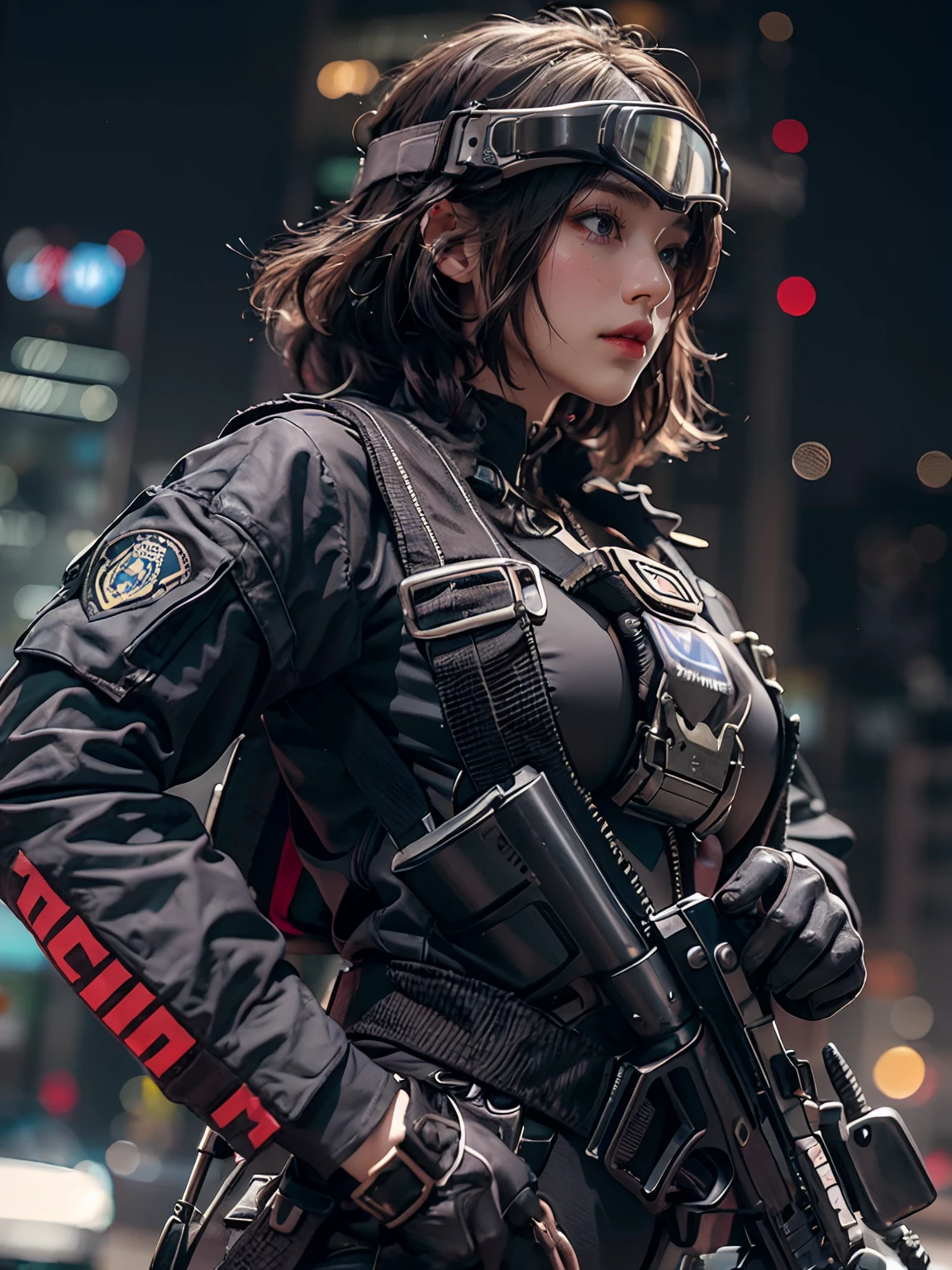 ((highest quality)), ((masterpiece)), 8k, One girl, Bulletproof vest, light, Highly detailed CG Unity 8k ,Beautiful detailed girl,Detailed eyes, Detailed face, View your viewers, gloves, boots, whole body, computer, Drone, Have a weapon, Jacket, (Background Destroyed city) , explosion , cigarette