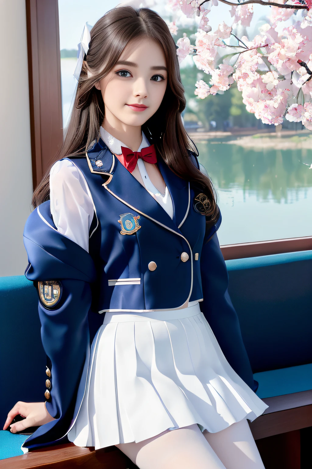 best qualtiy，tmasterpiece，hight resolution，1girll，dingdall effect，realisticlying，edge lit，two tone lighting，（highdetailskin：1.2），8K UHD，pure，Dolce，flowers background，Colorful background，Based on physical rendering，Perfect Light and Shadow，extreme hight detail，Pink tones，eye reflections，Raised sexy，perfect bodies，Superb Beauty，largeeyes，long eyelasher，Delicate eyes，(blue eyess）、big shiny eyes，Small pupil reflex，Shoulder and neck details，The texture of the pupil is delicate，Perfect eyes，black pupils，best qualtiy，tmasterpiece，16 K，a picture，head portrait，Bigchest，Medium size breasts，Delicate avatars,((Little girl standing in the waiting room by the lake)),((female students、校服),((Wet Navy Blue Jacket、Front opening、emblem on breasts))、）（Wet translucent white blouse）、(red bowtie,)(White flared skirt),(Black pantyhose),(Black loafers)、(Troubled face)、((she is soaking wet)),(Wet hair)