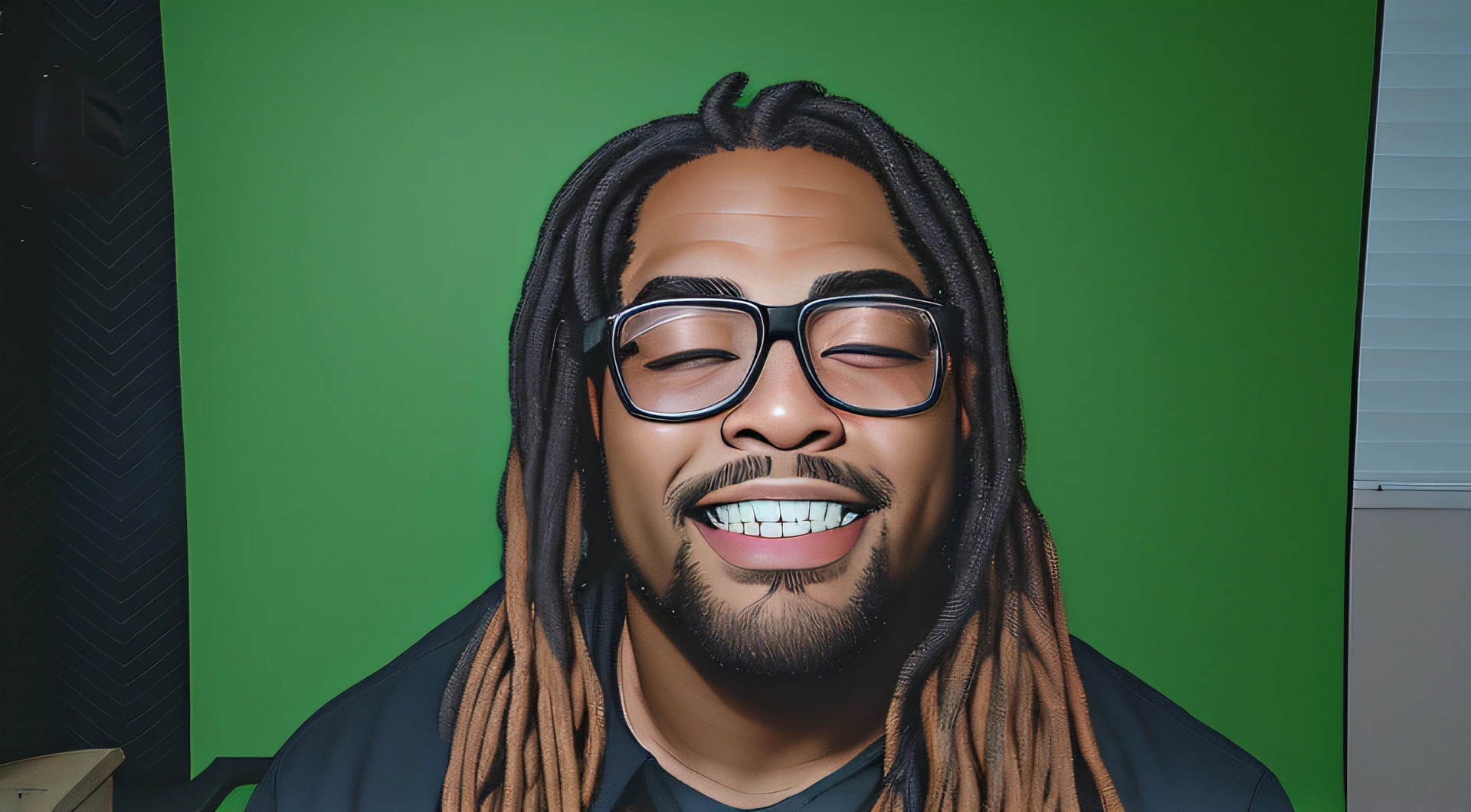 there is a man with dreadlocks and glasses smiling for the camera, looking straight to camera, a black man with long curly hair, eye level shot, closed eyes, scenic full shot, devilish smirk, looking to the side, headshot photo