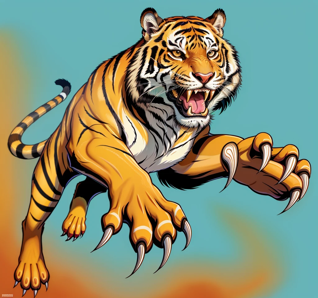 um tigre de desenho animado correndo com garras para fora e sua boca aberta, high school mascot, anthropomorphic tiger, tigre_animal, Mascot illustration, tigre de fogo voando, tigre, mascote da equipe esportiva, um tigre, Garras afiadas e detalhadas, dentes afiados e garras, Tigres, mascote esportivo, ((tigre)), com garras, full-colour illustration, hd illustration
