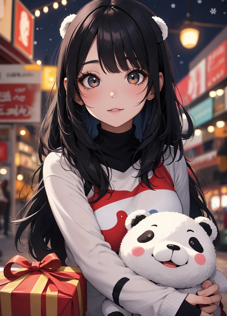 1girl, abrazando a un oso panda de peluche, Sudadera de Navidad, Cabello OSCURO, Cabello largo, Copos, Nevando. Luces de Navidad. 8K resolution, big eyelashes, Christmas Circle. HDR. Full-color RAW camera. vivid colors, cuerpo completo. centro, Lente ojo de pez. sticker, Logotipo. VECTORES.