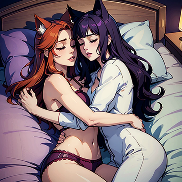 2women(Albedo,Rias Gremory),black hair(Albedo),red hair(Rias Gremory),curvy bodies,big breast,big thighs, wearing pajamas, laying on bed, hugging, kissing, touching each other, moaning, romantic, midnight setting, bedroom,nsfw.