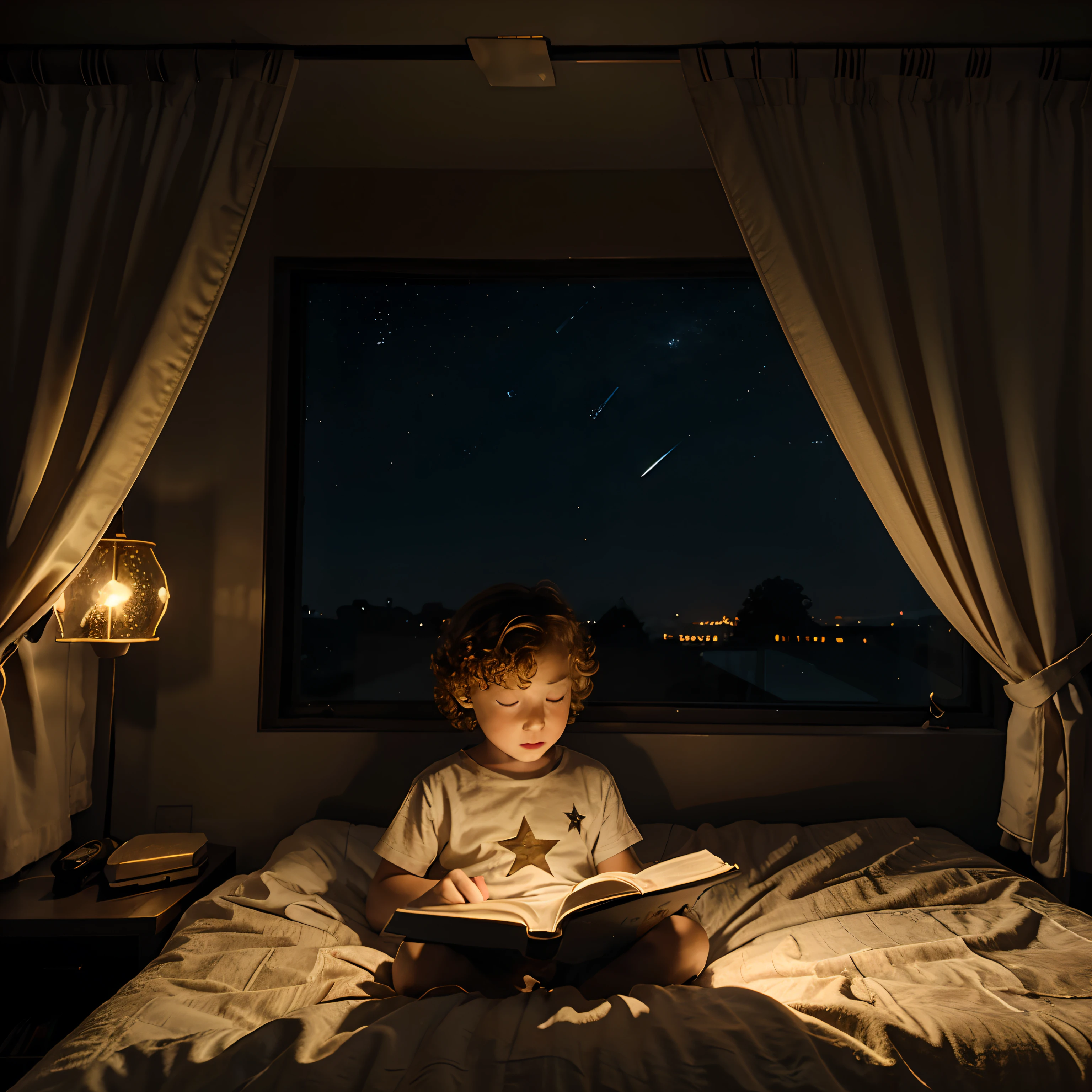 a little boy with curly golden hair, reading in his room at night with the stars in view in a cartoon style picture.