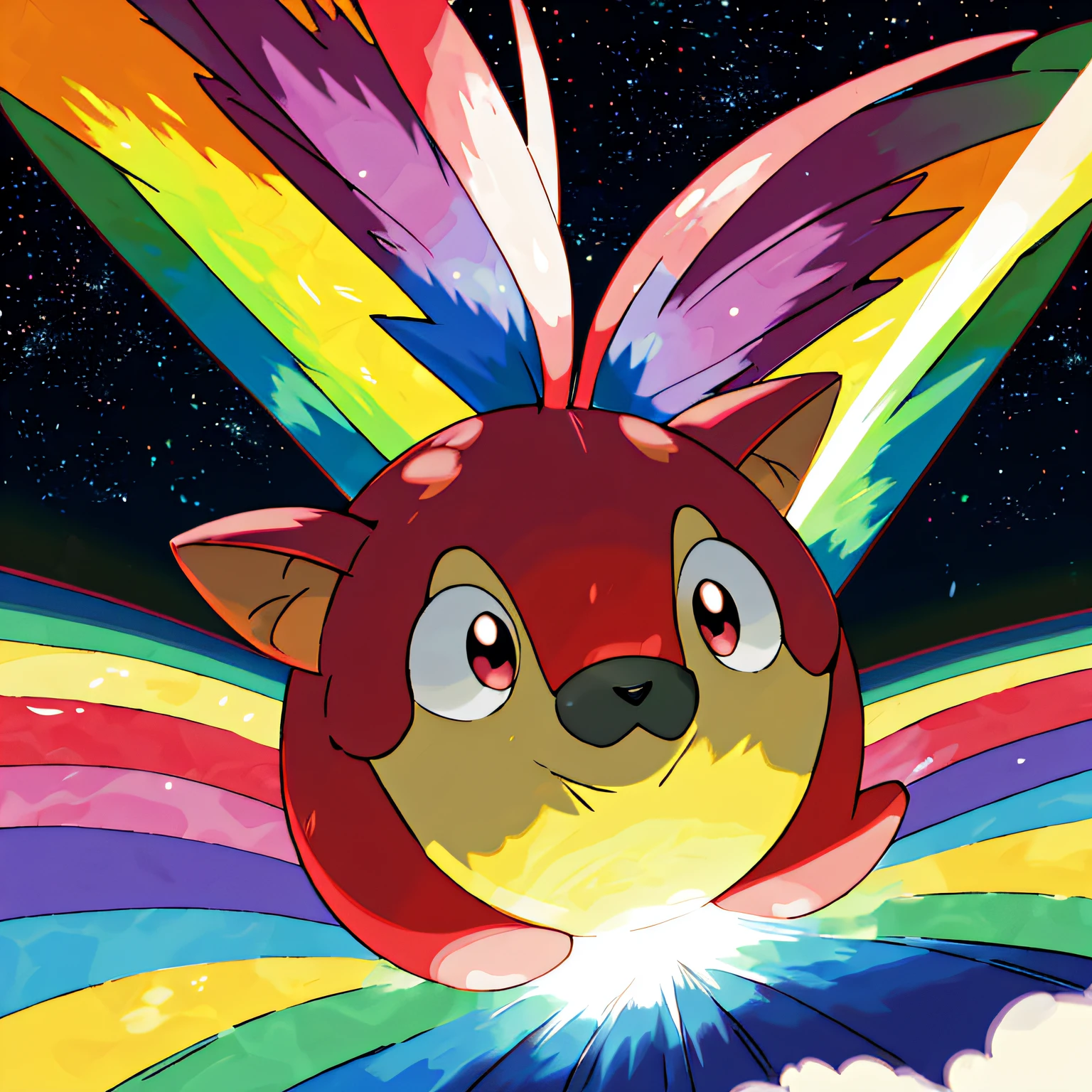 highres, masterpiece, sugimori ken \(style\), picture of a normal type pokemon \(creature\), rainbow pokemon, light, detailed prism lighting, happy, cute, floating, sunny day