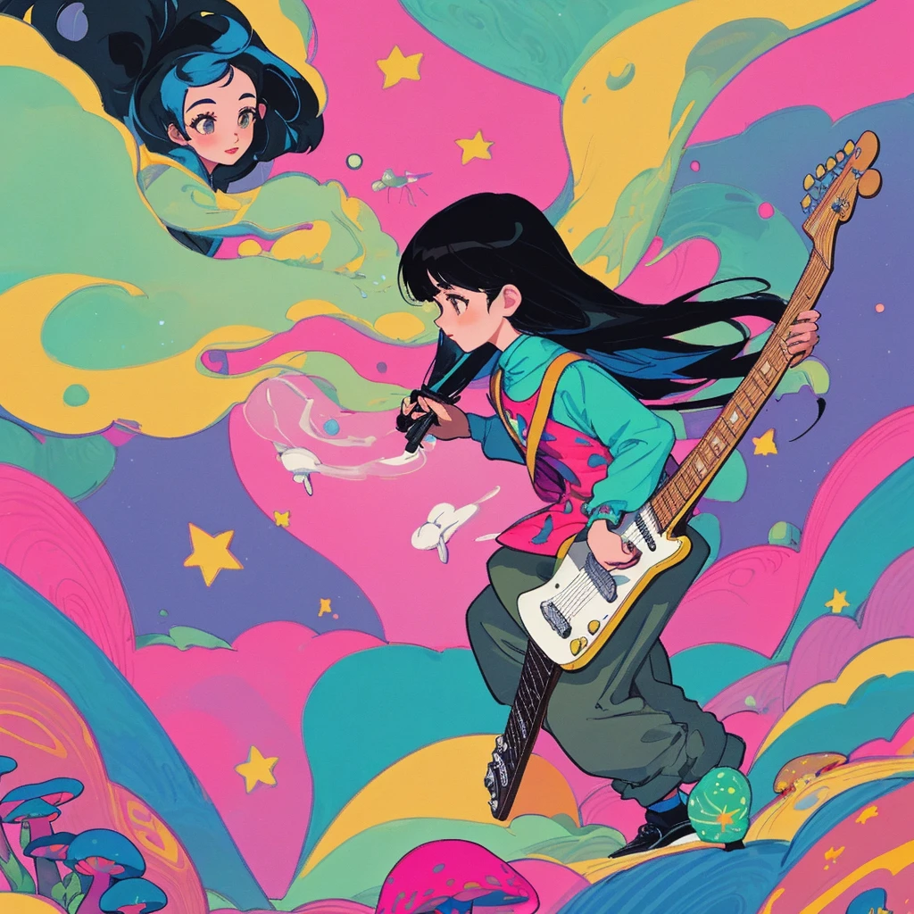 Create an illustration of a vibrant, alien landscape with a pink sky, black space filled with stars and planets, and alien plants in the background. On the ground, there are mushrooms. In the scene, there are two girls. One girl has medium-length black hair with bangs and is playing a guitar. The other girl has longer hair with curtain bangs and full lips. She is holding a small magic wand and casting a spell, with magical dust emanating from the wand's tip. Both girls are dressed in colorful clothing, with one wearing long trousers and the other wearing short trousers. The style of the illustration should be 2D pop art, and it should be filled with vibrant colors.