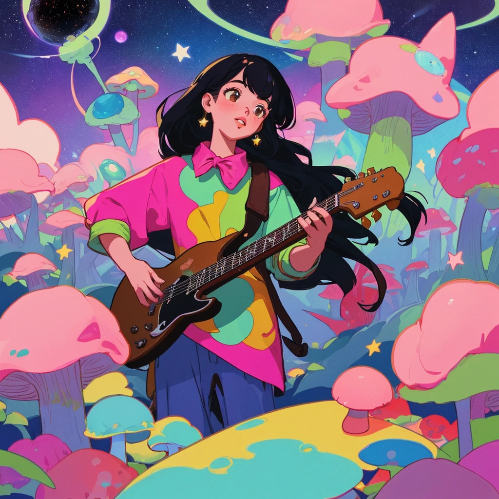 Create an illustration of a vibrant, alien landscape with a pink sky, black space filled with stars and planets, and alien plants in the background. On the ground, there are mushrooms. In the scene, there are two girls. One girl has medium-length black hair with bangs and is playing a guitar. The other girl has longer hair with curtain bangs and full lips. She is holding a small magic wand and casting a spell, with magical dust emanating from the wand's tip. Both girls are dressed in colorful clothing, with one wearing long trousers and the other wearing short trousers. The style of the illustration should be 2D pop art, and it should be filled with vibrant colors.
