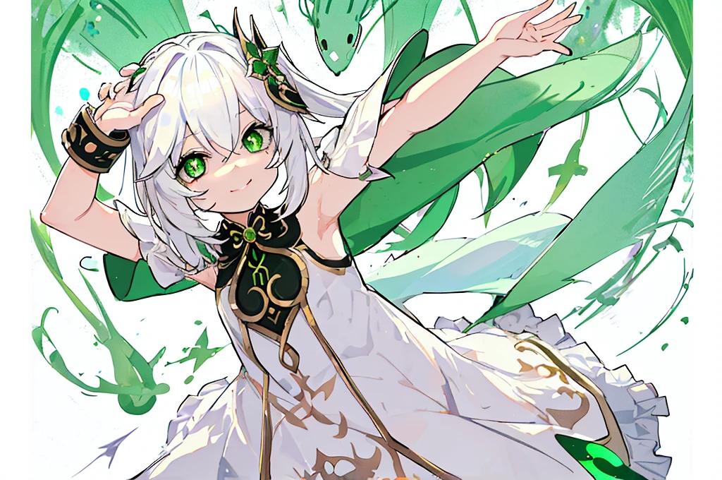 2D, cartoon
The girl, nahida \(Genshin Impact\), Original, whitedress, white colored hair, bend down, Appeal to the viewer, (scared expression, Smile:1.4), Open your palms, 5fingers, Detailed arm, Four-pointed star-pupils green eyes, sheet,